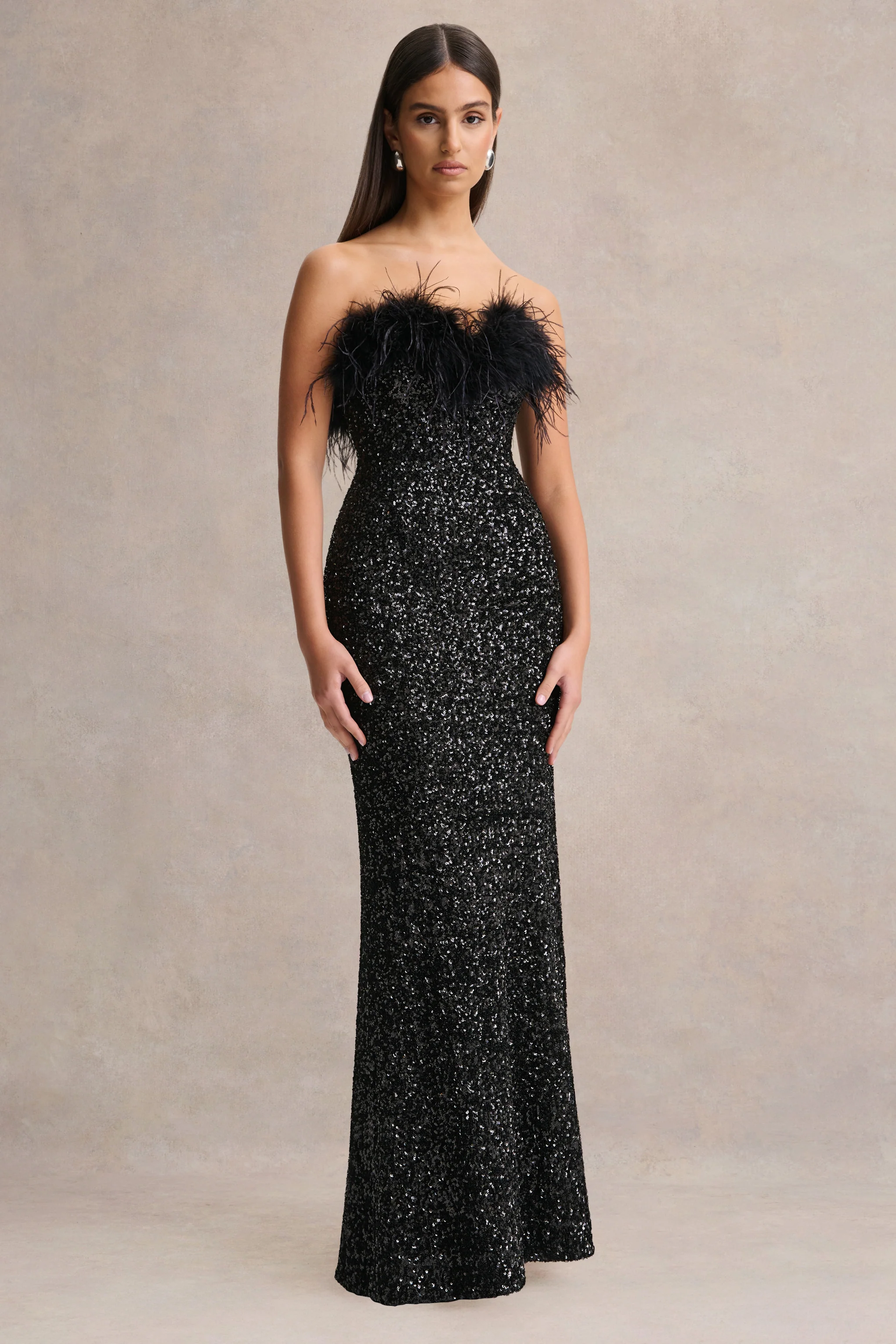 Daze | Black Sequin Bandeau Maxi Dress With Feather-Trim - Image 4