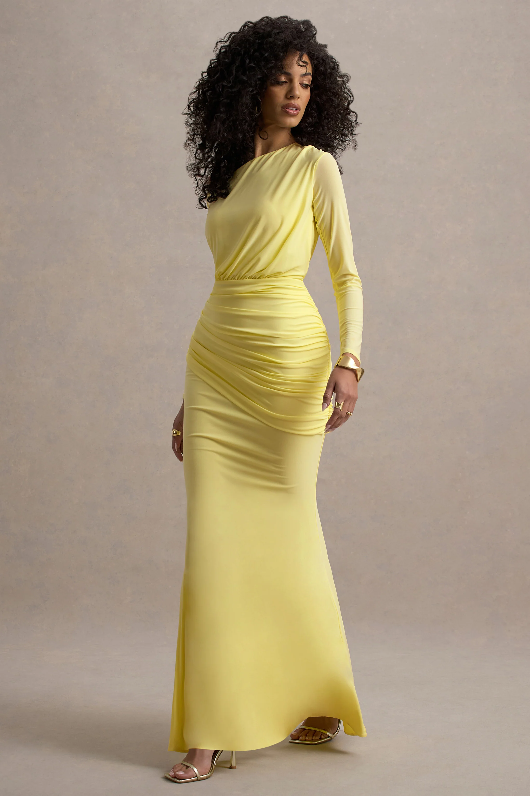 Deanna | Lemon Asymmetric Long-Sleeve Ruched Maxi Dress - Image 5