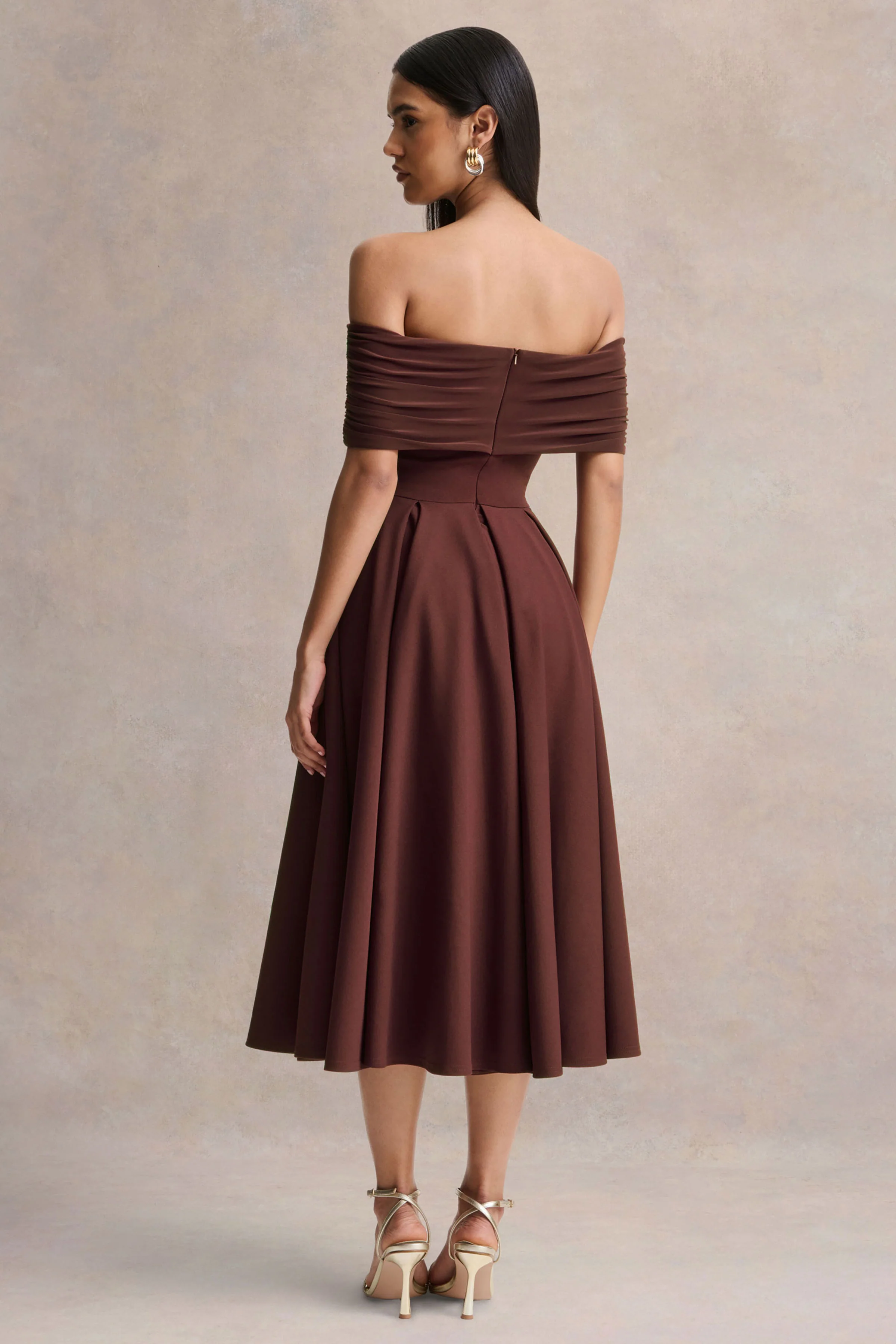 Dearest | Brown Bardot-Neck Midi Dress - Image 2