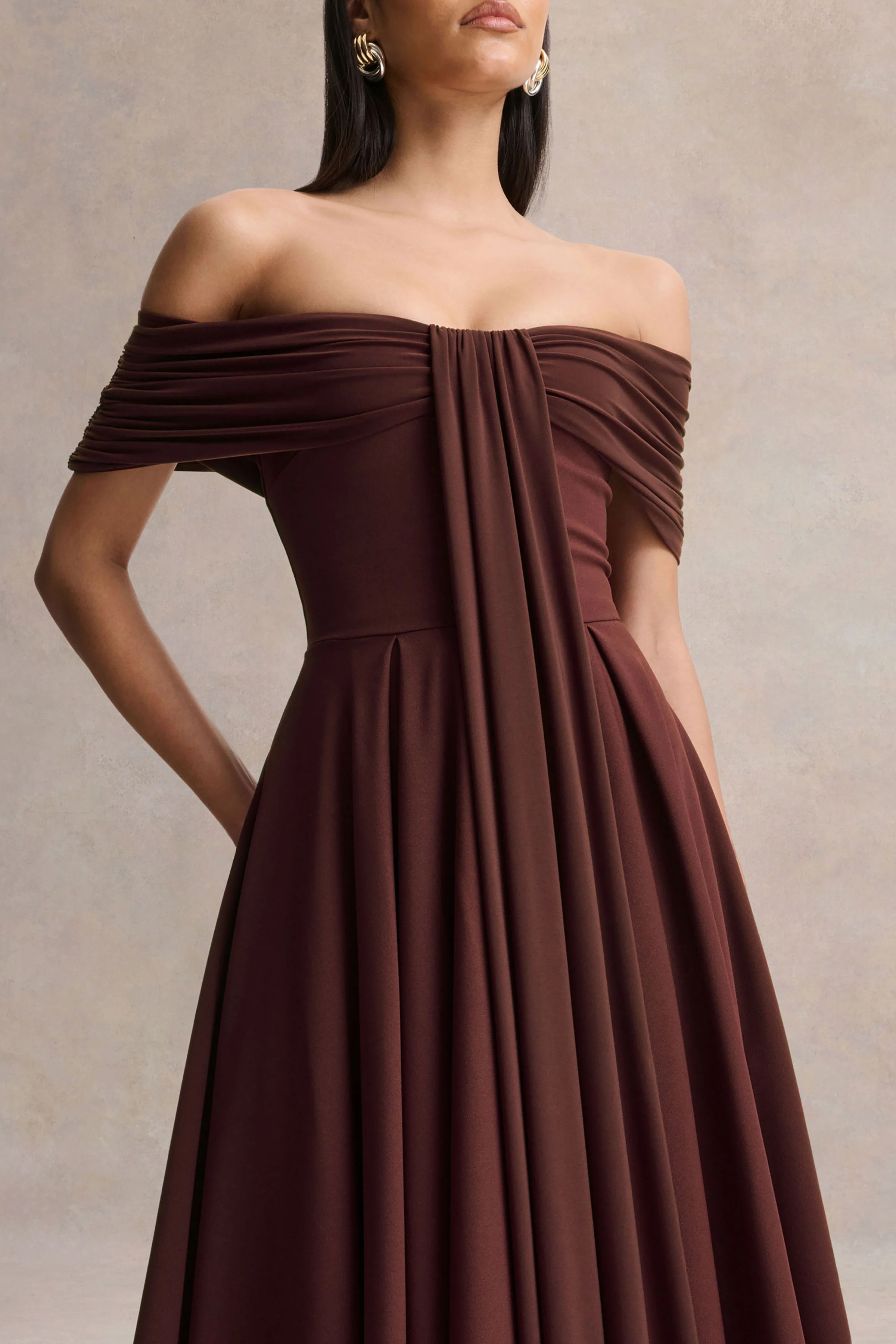 Dearest | Brown Bardot-Neck Midi Dress - Image 3