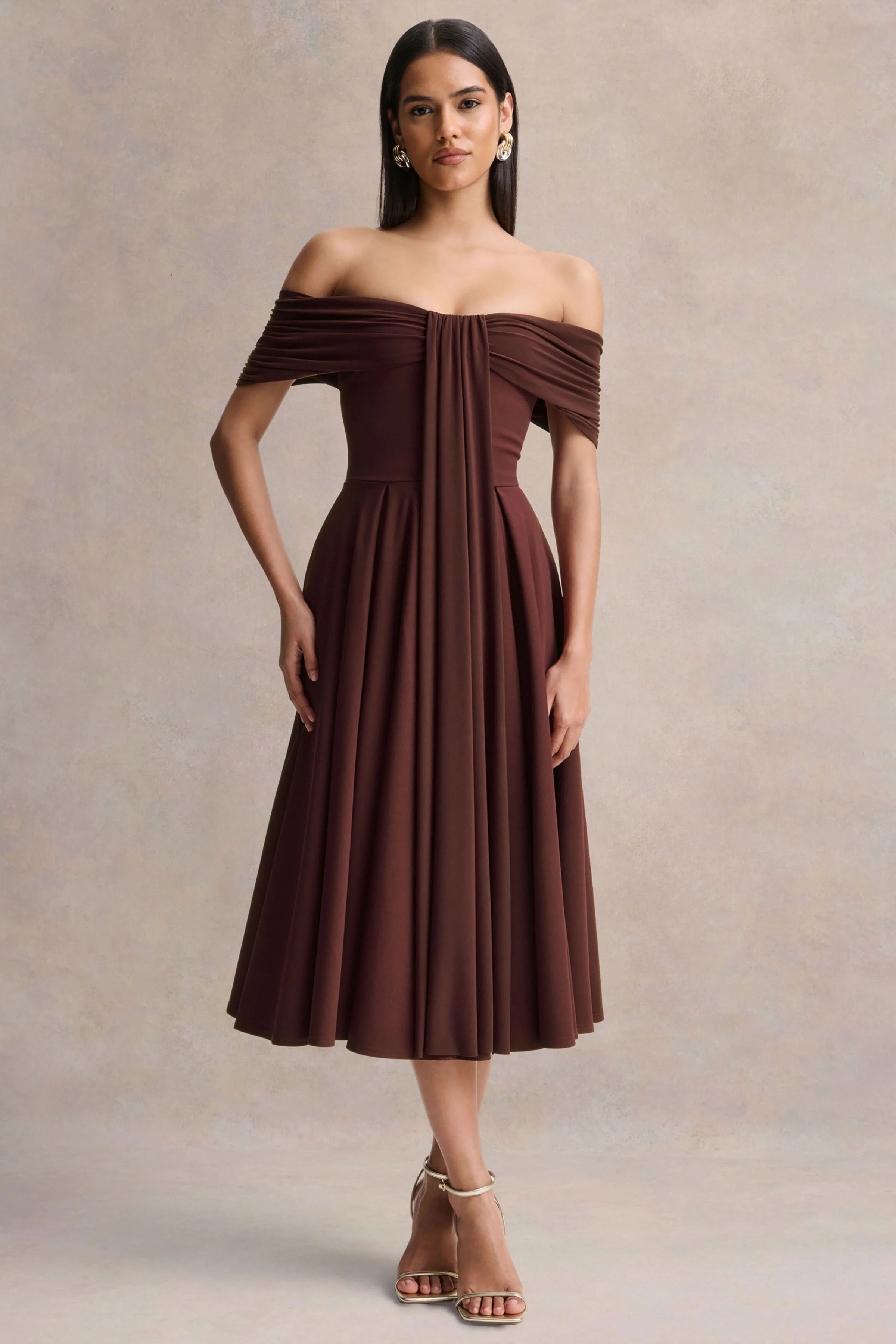 Dearest | Brown Bardot-Neck Midi Dress - Image 4