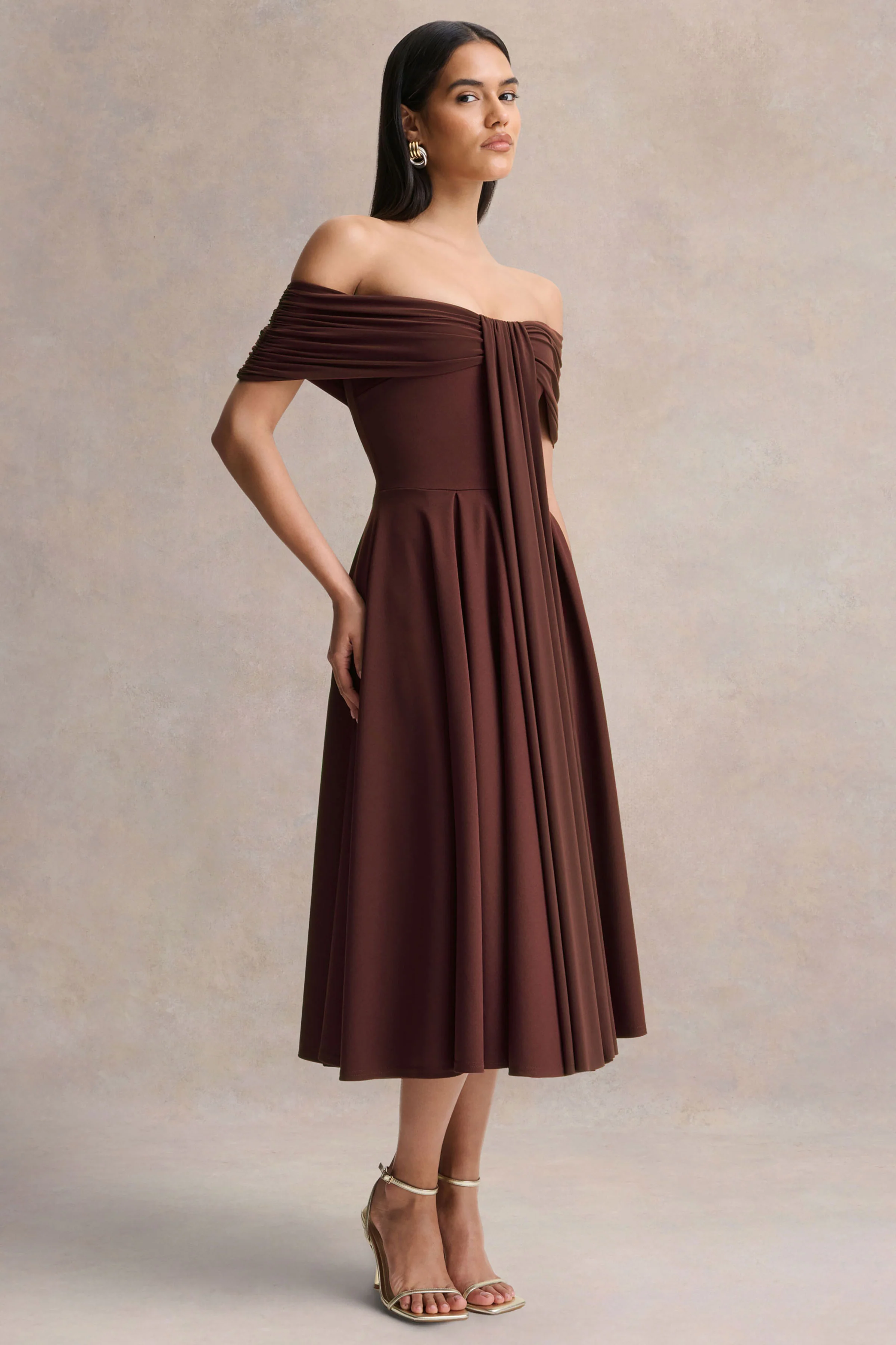 Dearest | Brown Bardot-Neck Midi Dress - Image 5