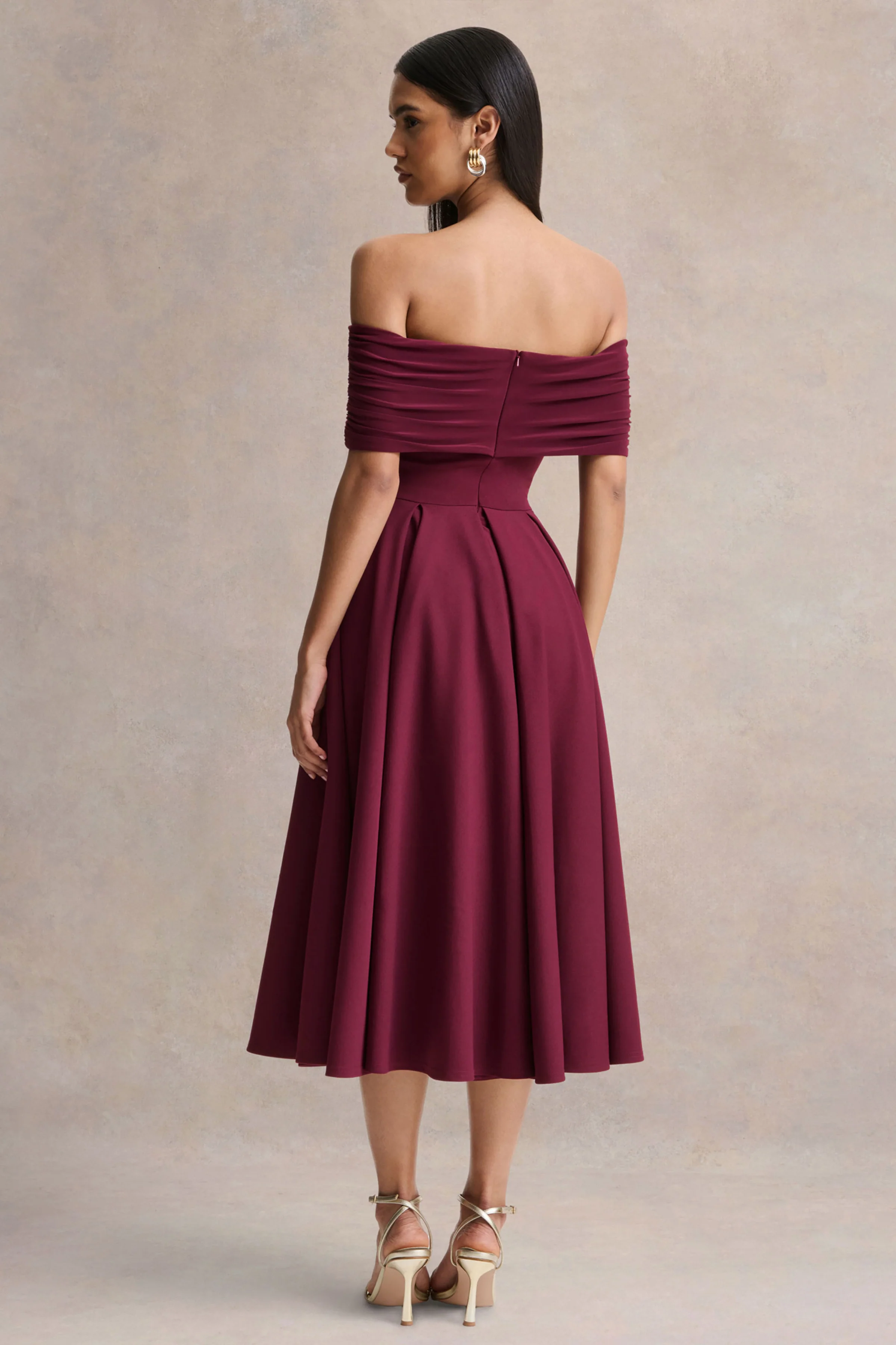 Dearest | Burgundy Bardot-Neck Midi Dress - Image 2