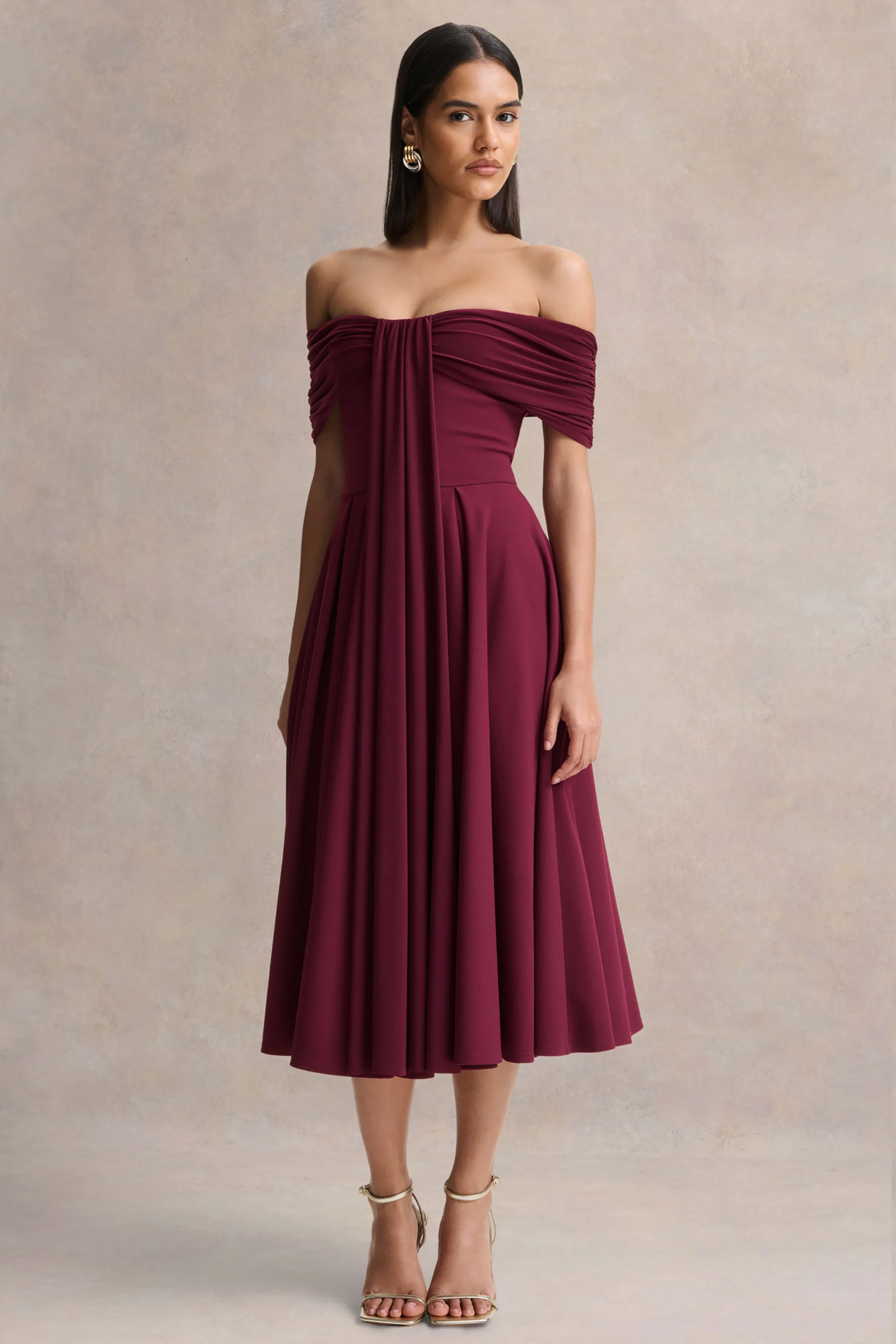 Dearest | Burgundy Bardot-Neck Midi Dress - Image 5