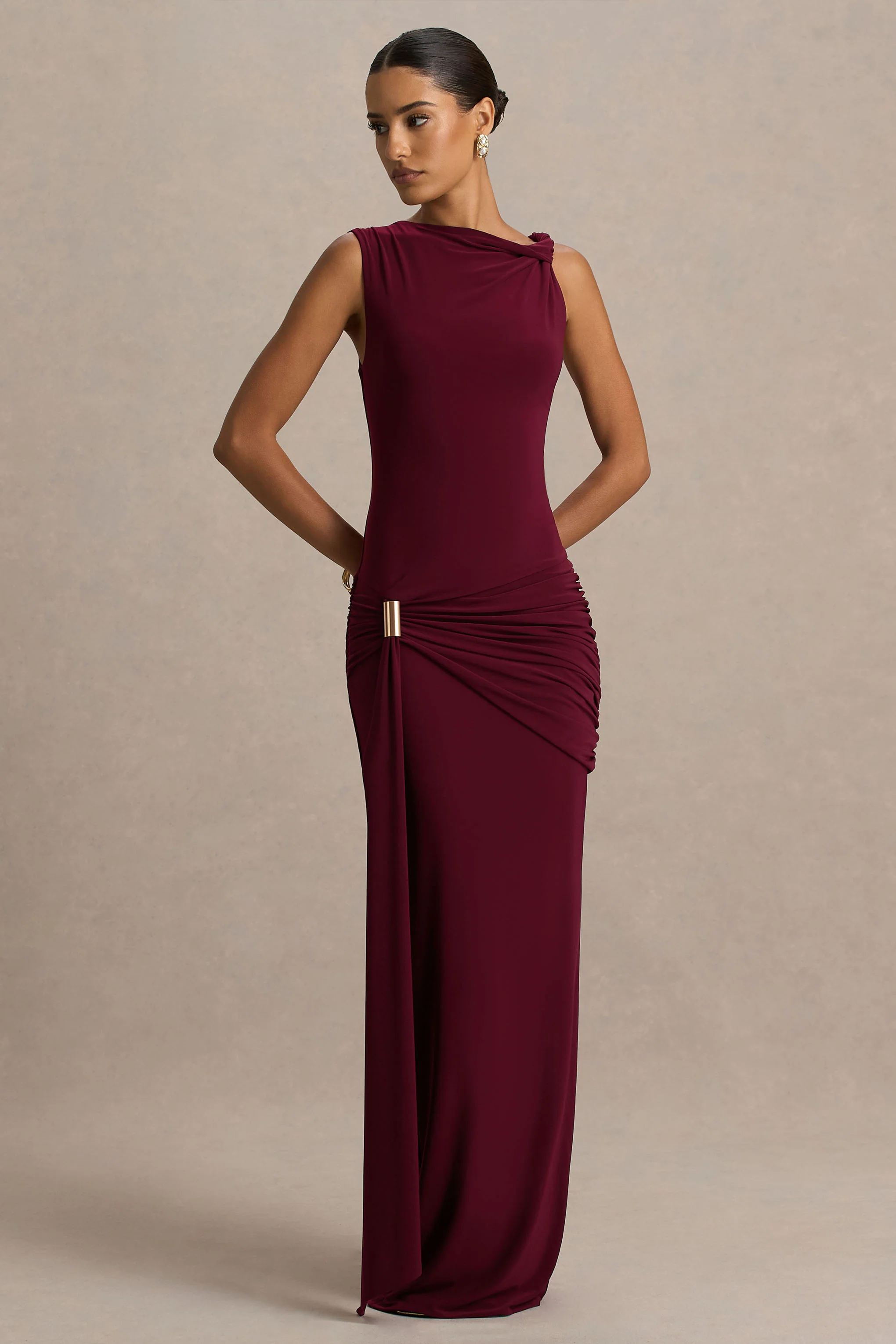 Decadence | Burgundy High-Neck Wrapped Maxi Dress With Twist-Sleeve - Image 4