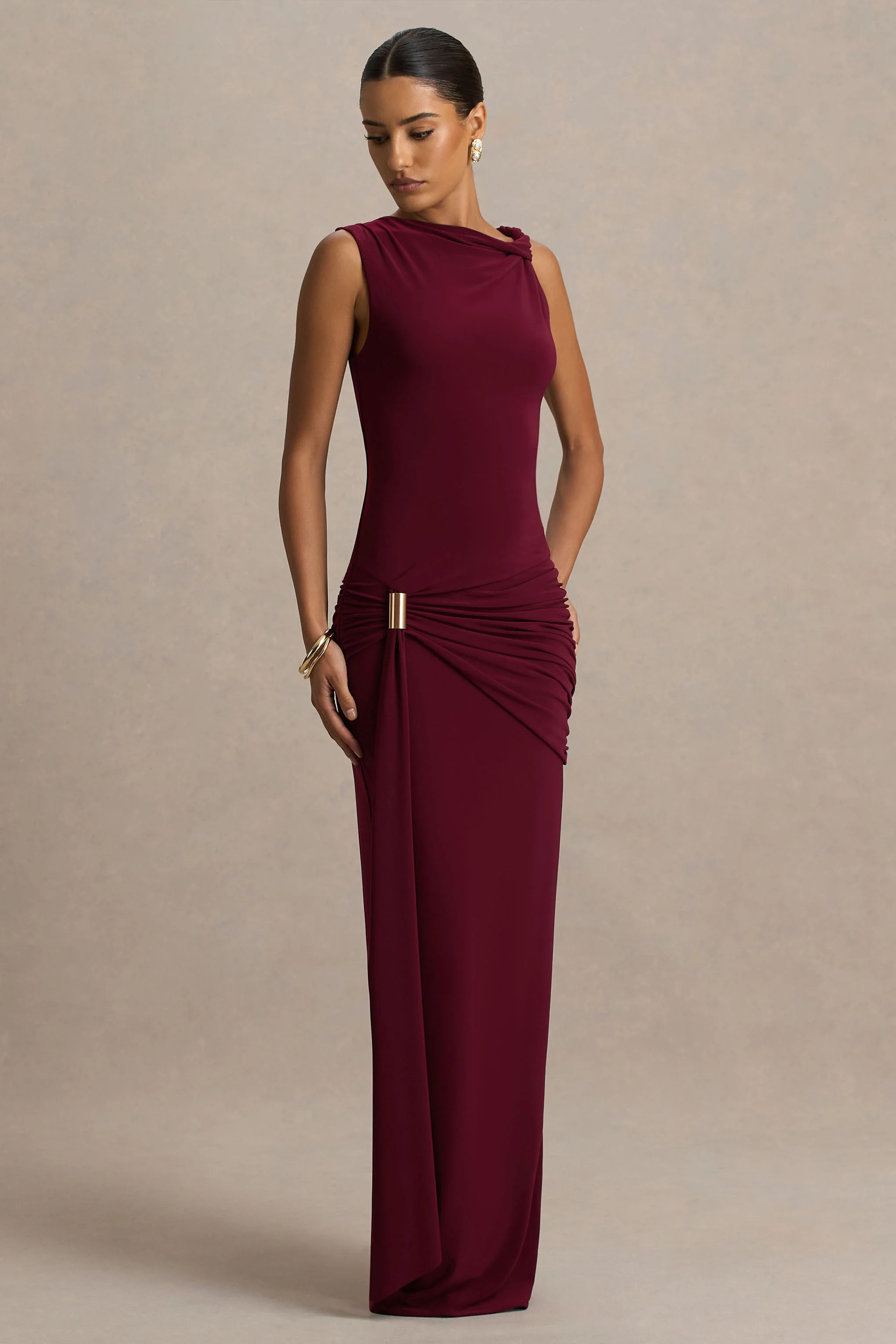 Decadence | Burgundy High-Neck Wrapped Maxi Dress With Twist-Sleeve - Image 5