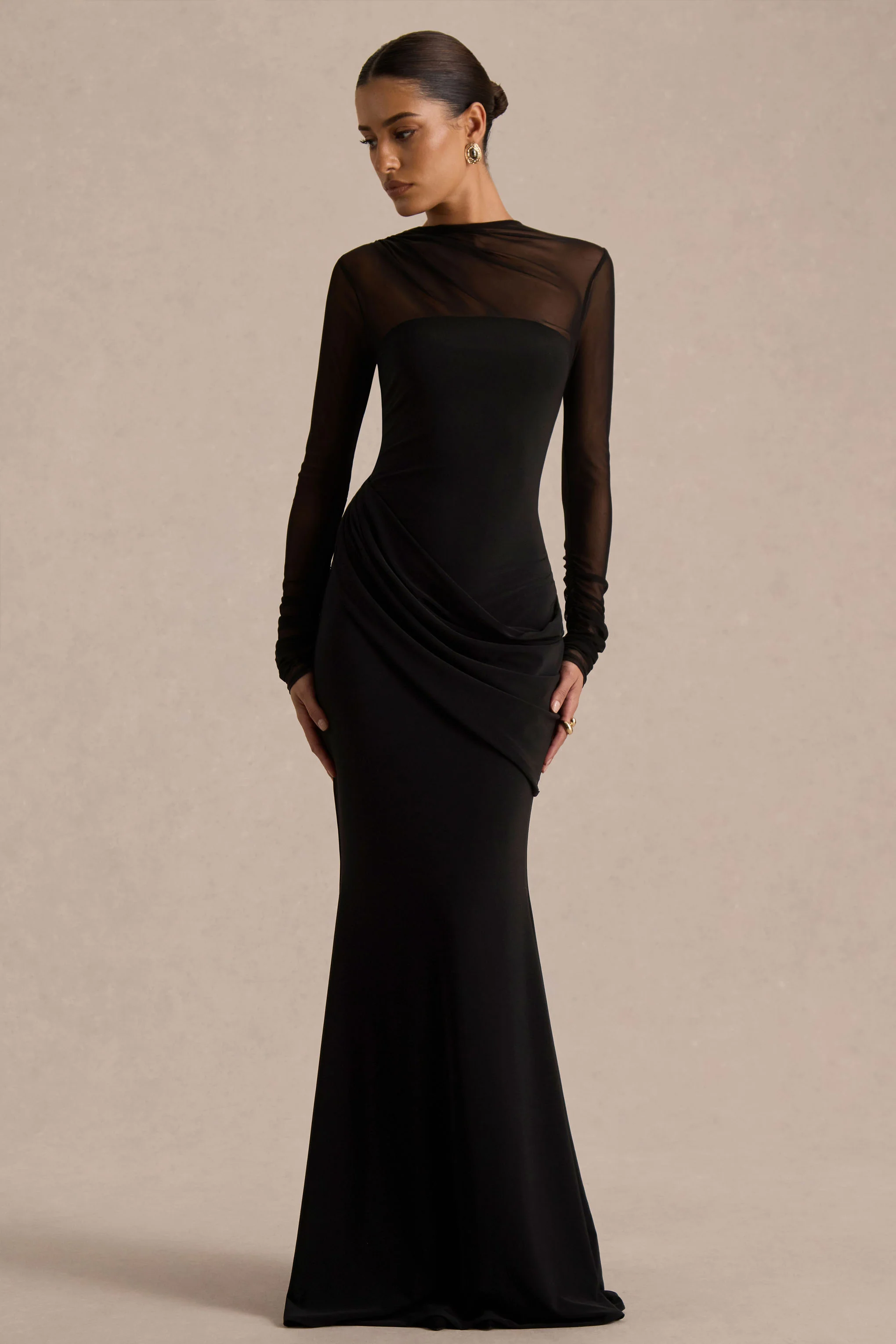 Deema | Black Jersey And Mesh High Neck Maxi Dress - Image 4