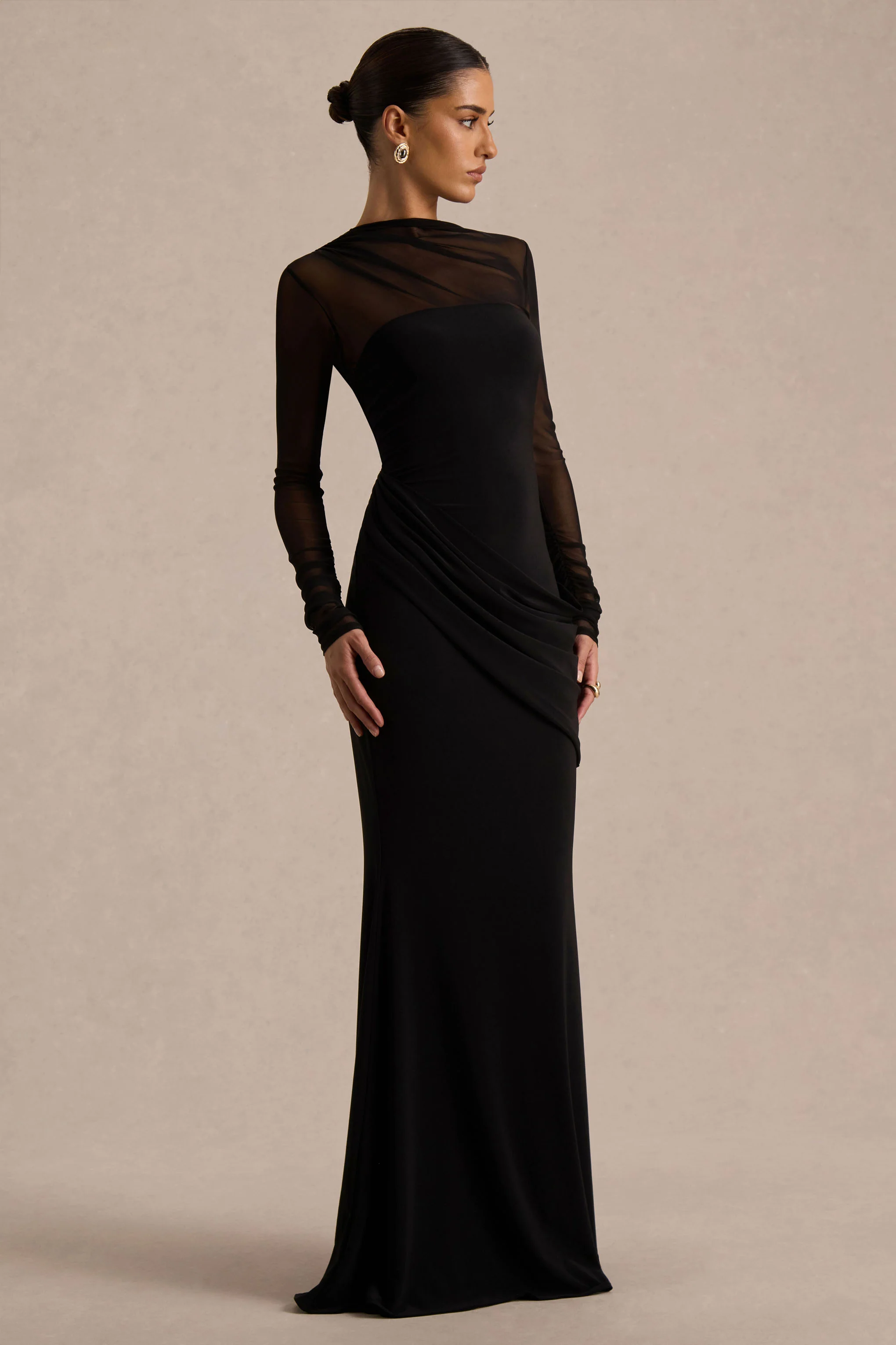 Deema | Black Jersey And Mesh High Neck Maxi Dress - Image 5