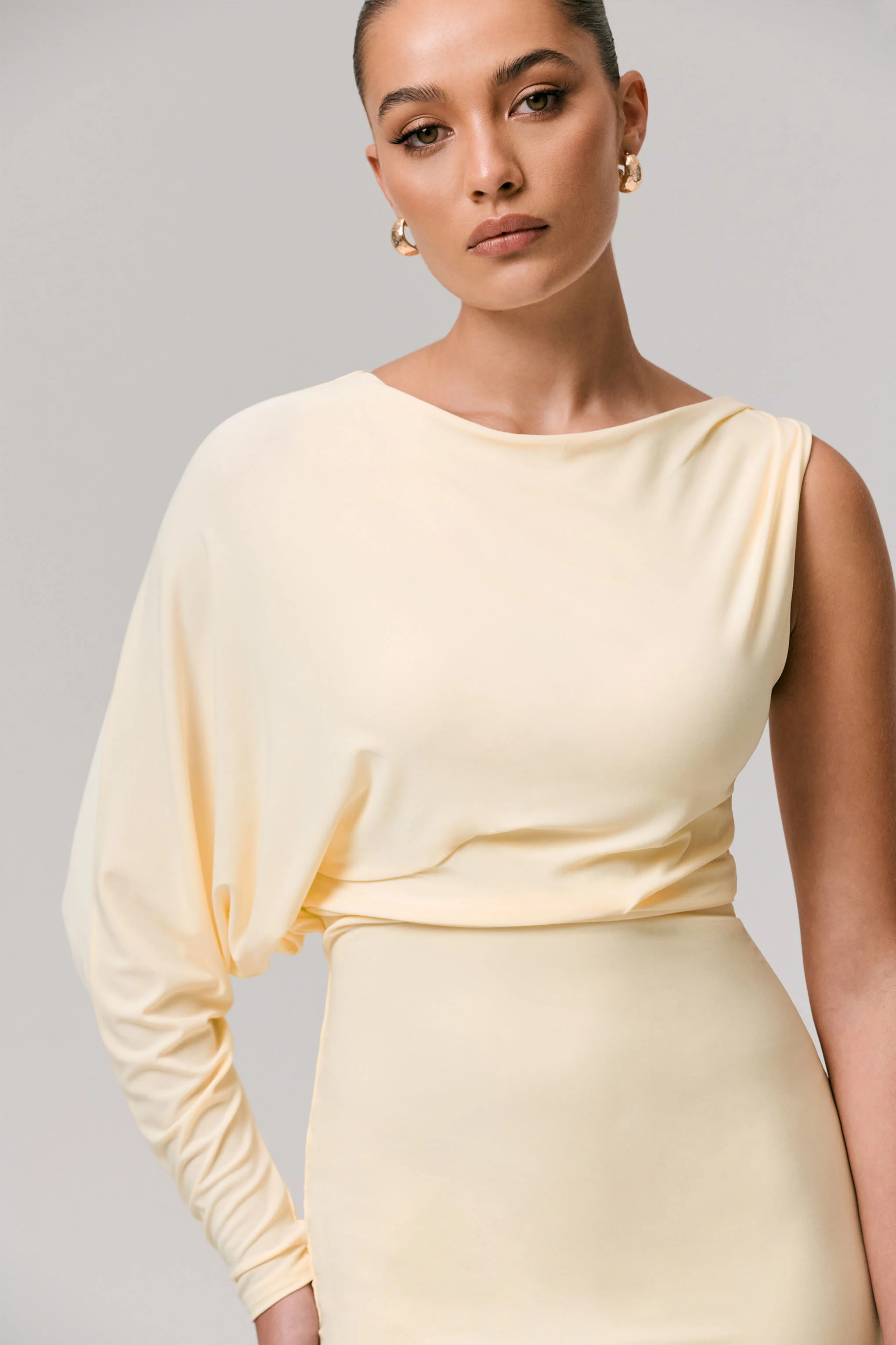 Delia | Pale Lemon One-Sleeve Mini Dress - Image 5