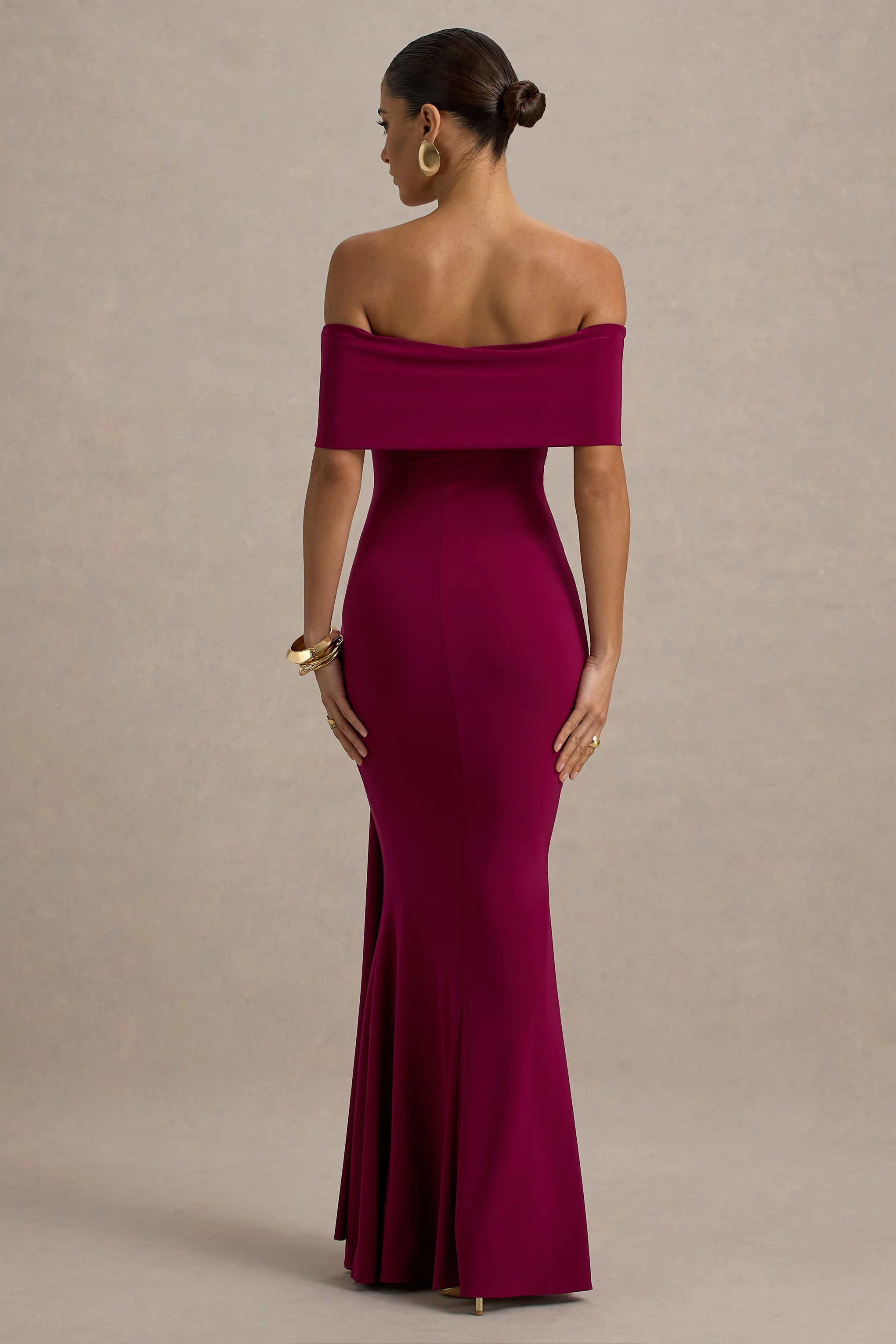 Delma | Burgundy Bardot Maxi Dress With Drape Detail - Image 2