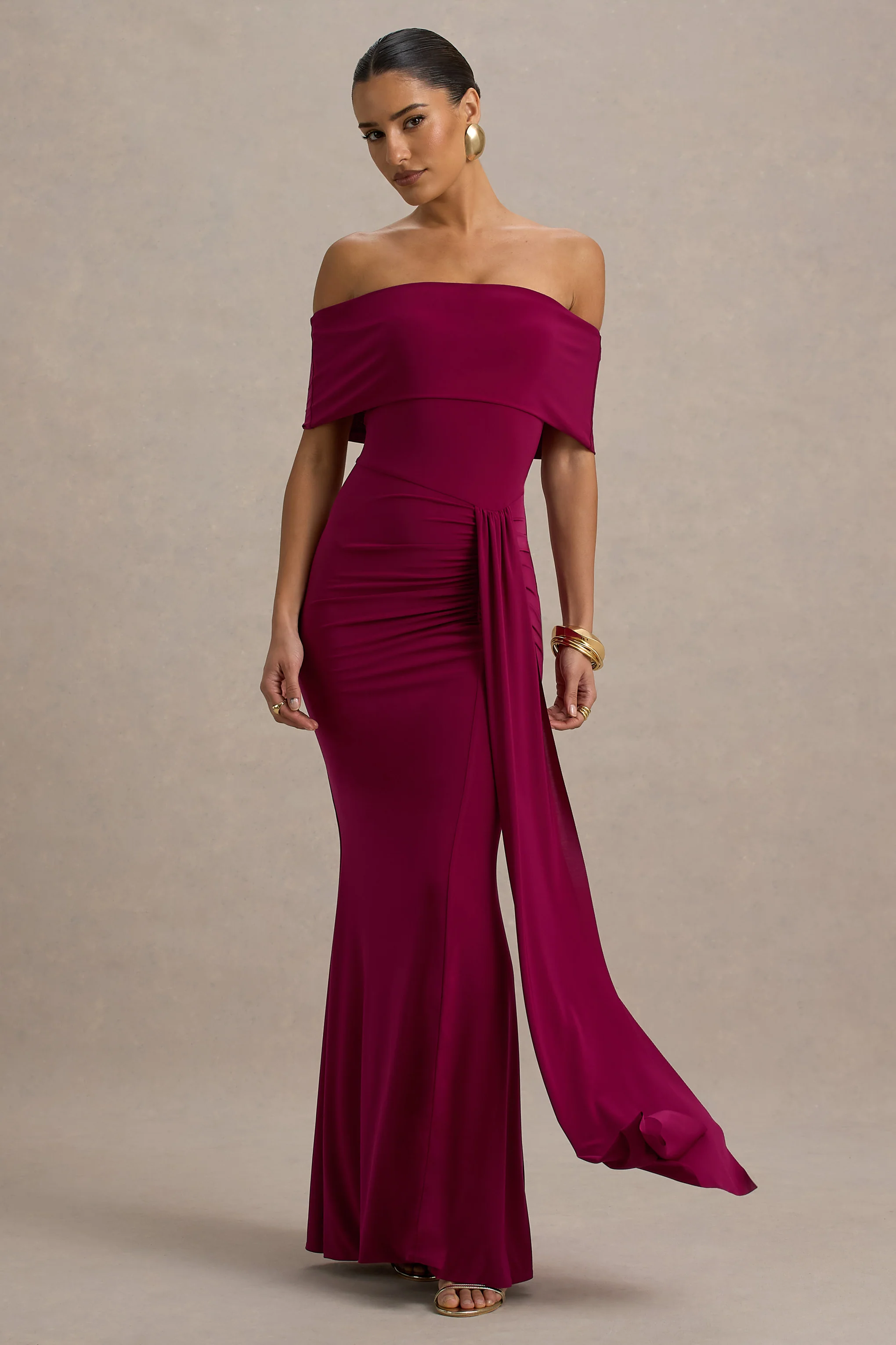 Delma | Burgundy Bardot Maxi Dress With Drape Detail - Image 3