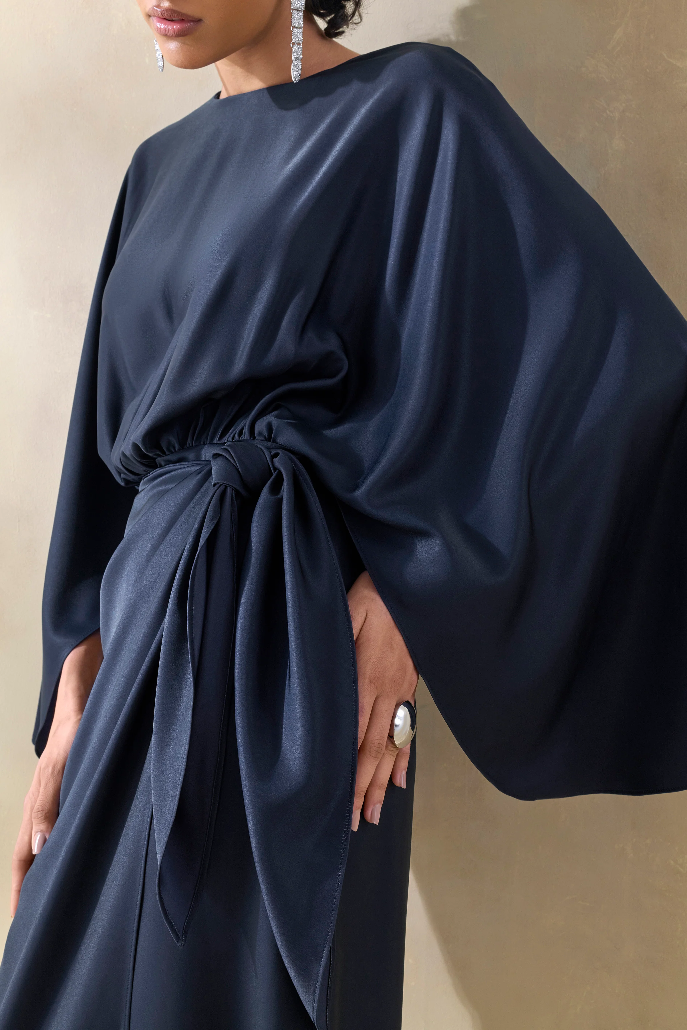 Delphina | Navy Satin Maxi Dress With Gathered And Knot-Detail - Image 3