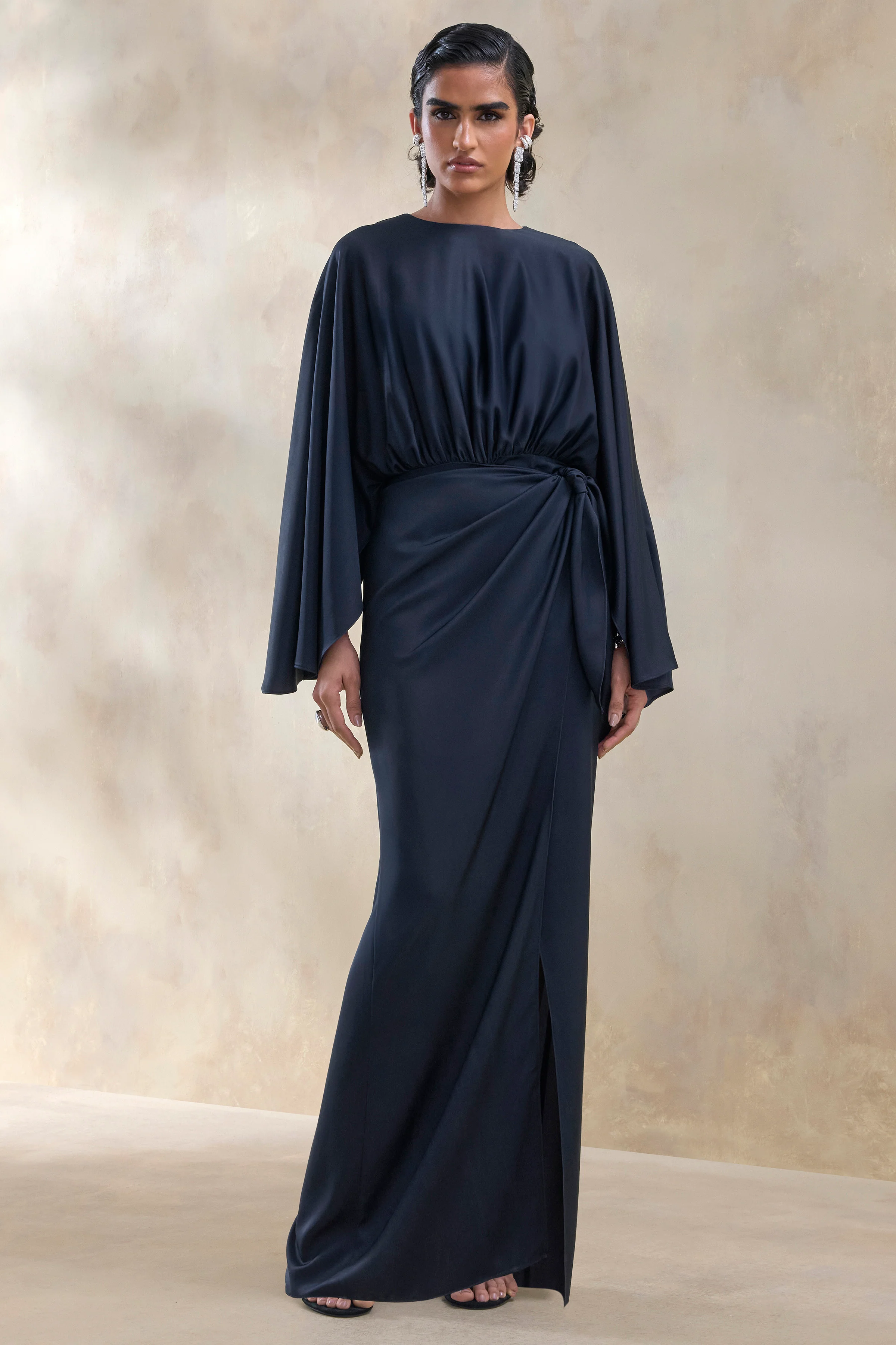 Delphina | Navy Satin Maxi Dress With Gathered And Knot-Detail - Image 4