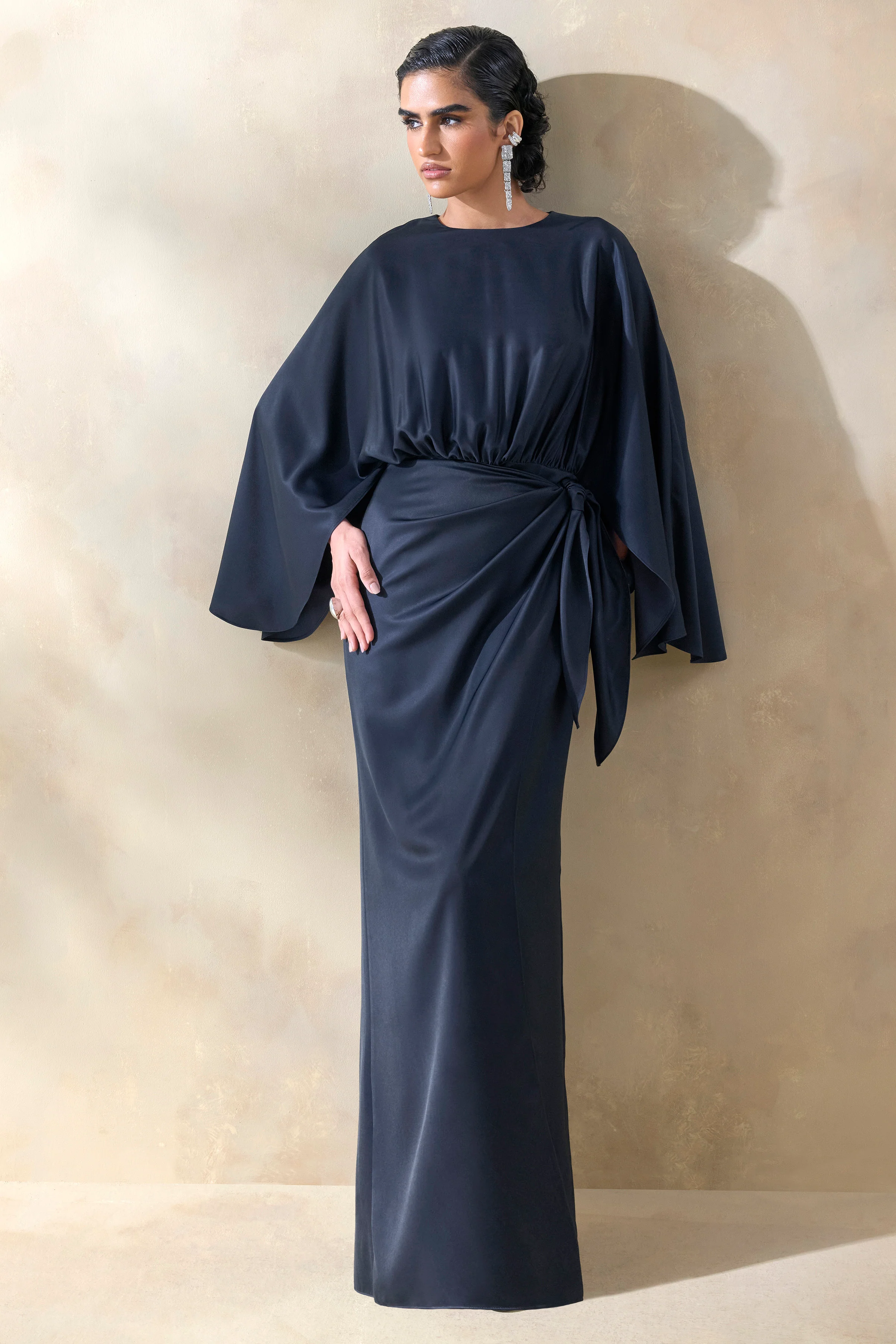 Delphina | Navy Satin Maxi Dress With Gathered And Knot-Detail - Image 5