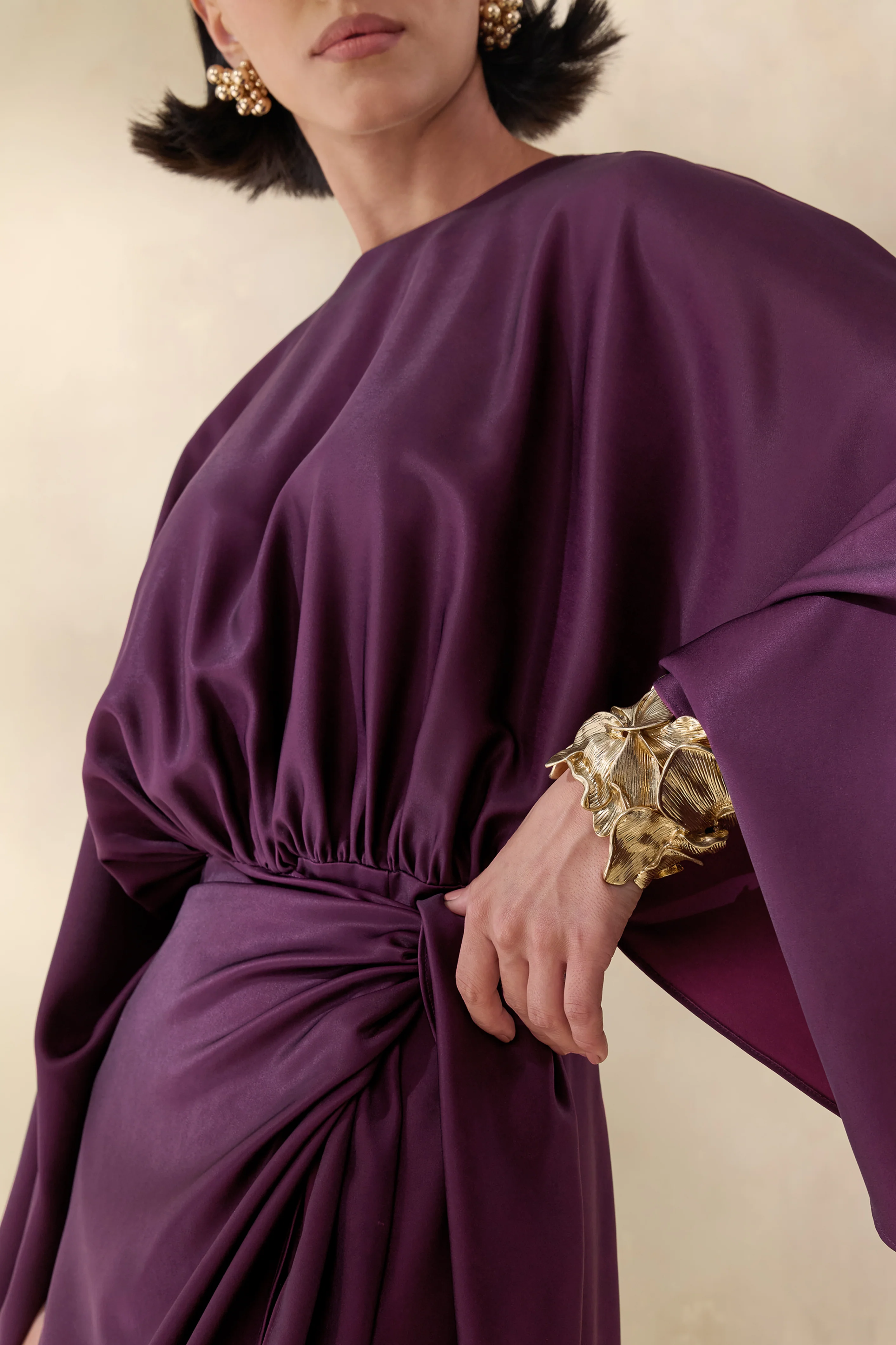 Delphina | Plum Satin Maxi Dress With Gathered And Knot-Detail - Image 3