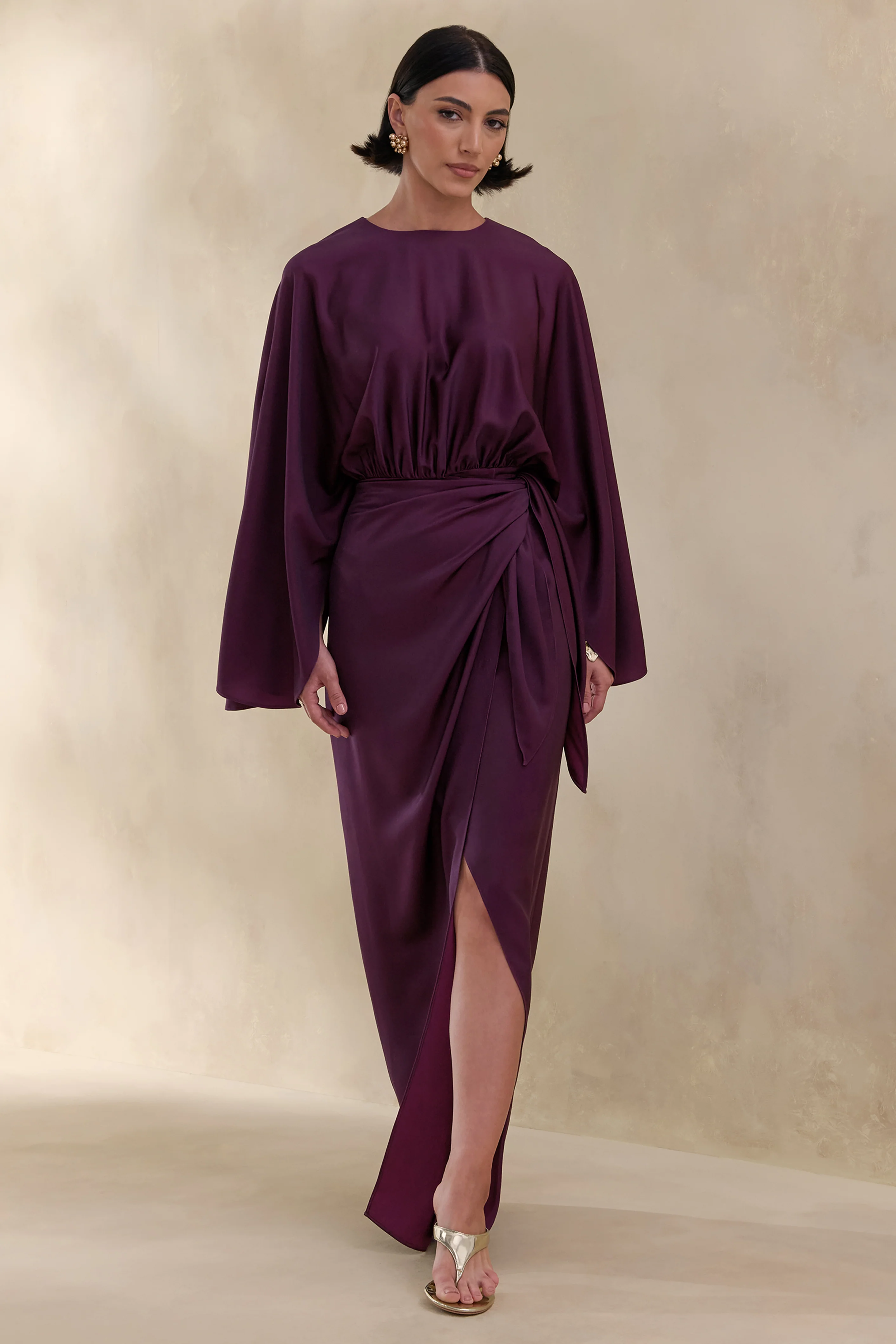 Delphina | Plum Satin Maxi Dress With Gathered And Knot-Detail - Image 4