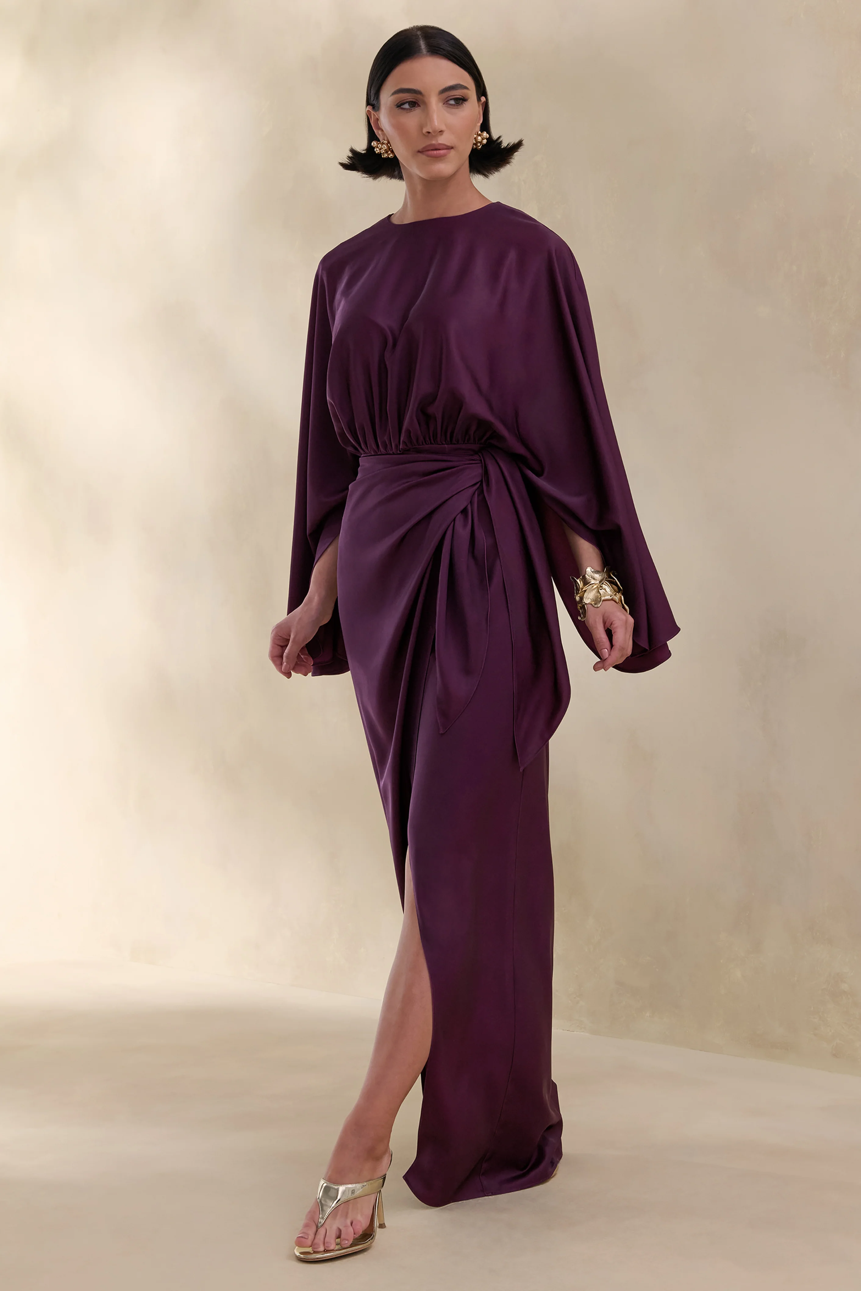 Delphina | Plum Satin Maxi Dress With Gathered And Knot-Detail - Image 5