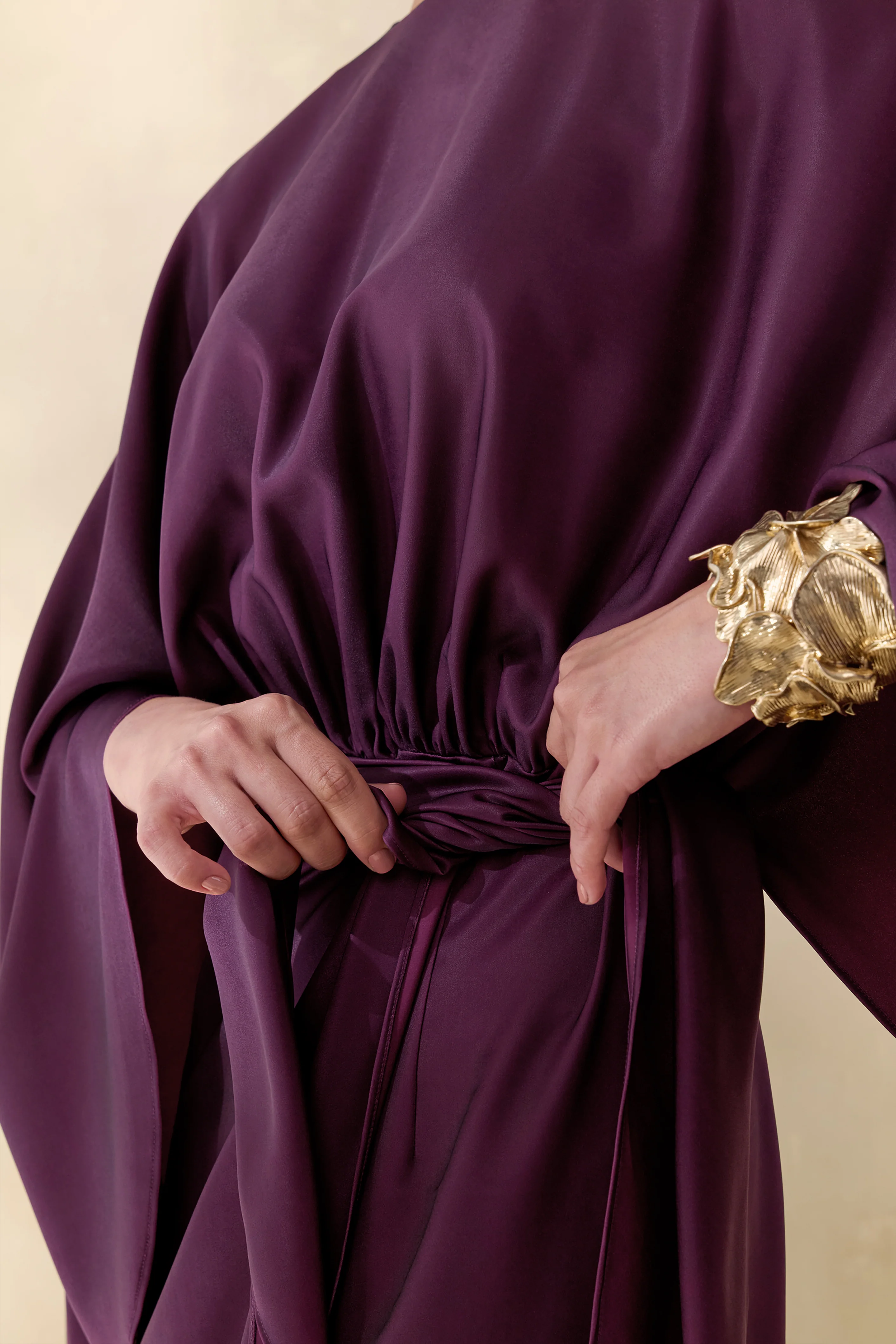 Delphina | Plum Satin Maxi Dress With Gathered And Knot-Detail - Image 7