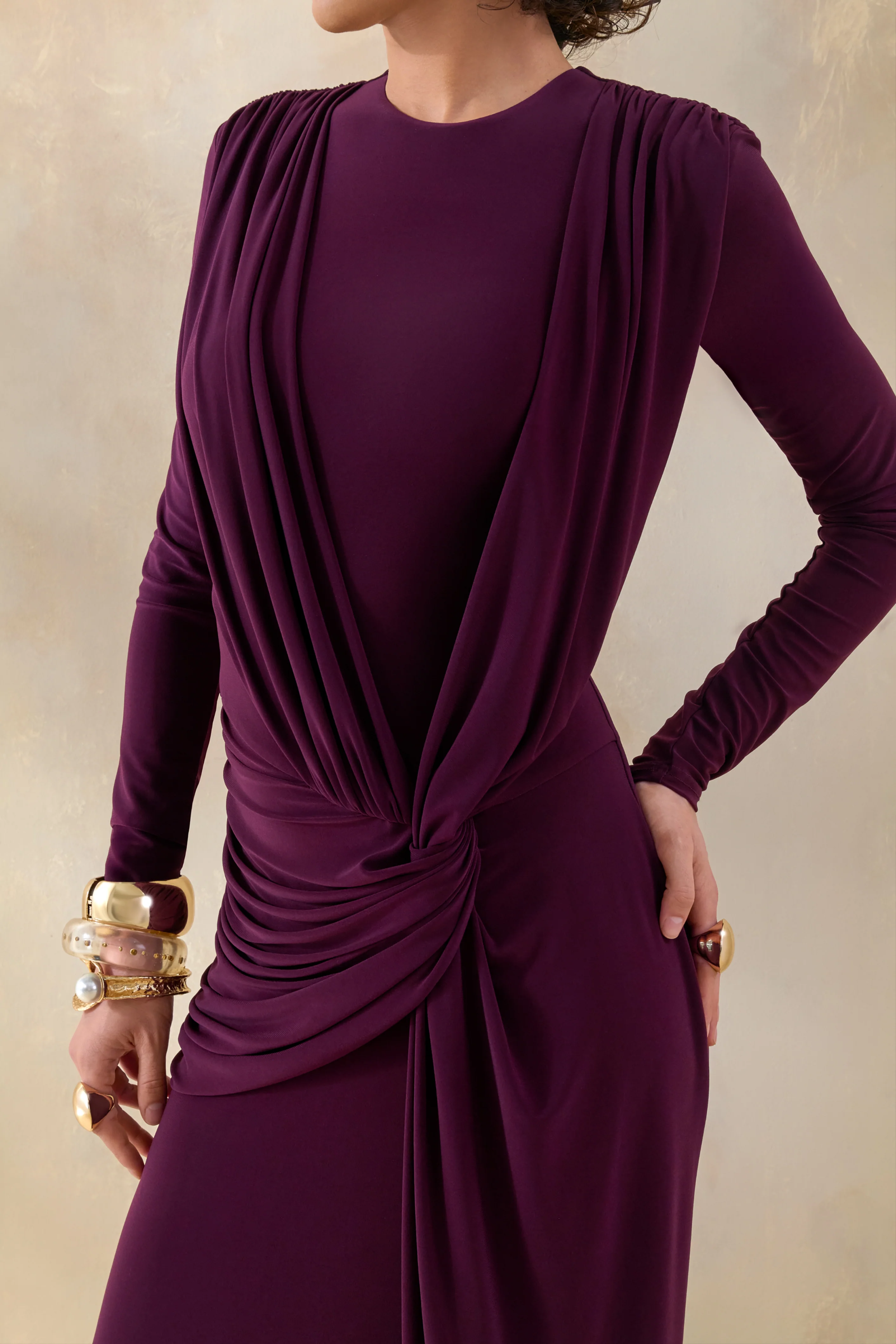 Desirelle | Plum Crew-Neck Maxi Dress With Gathered-Detailing - Image 3