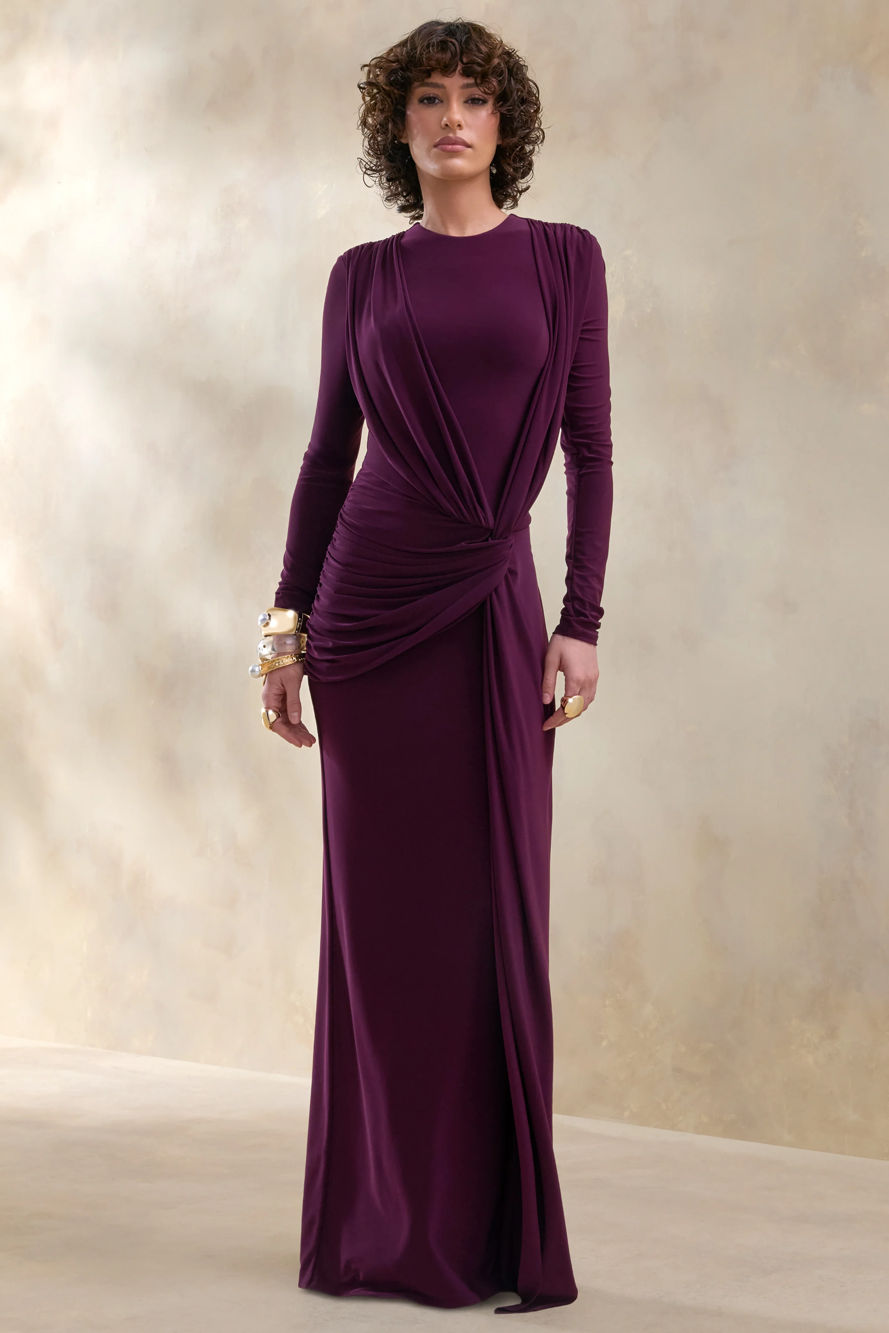 Desirelle | Plum Crew-Neck Maxi Dress With Gathered-Detailing - Image 4