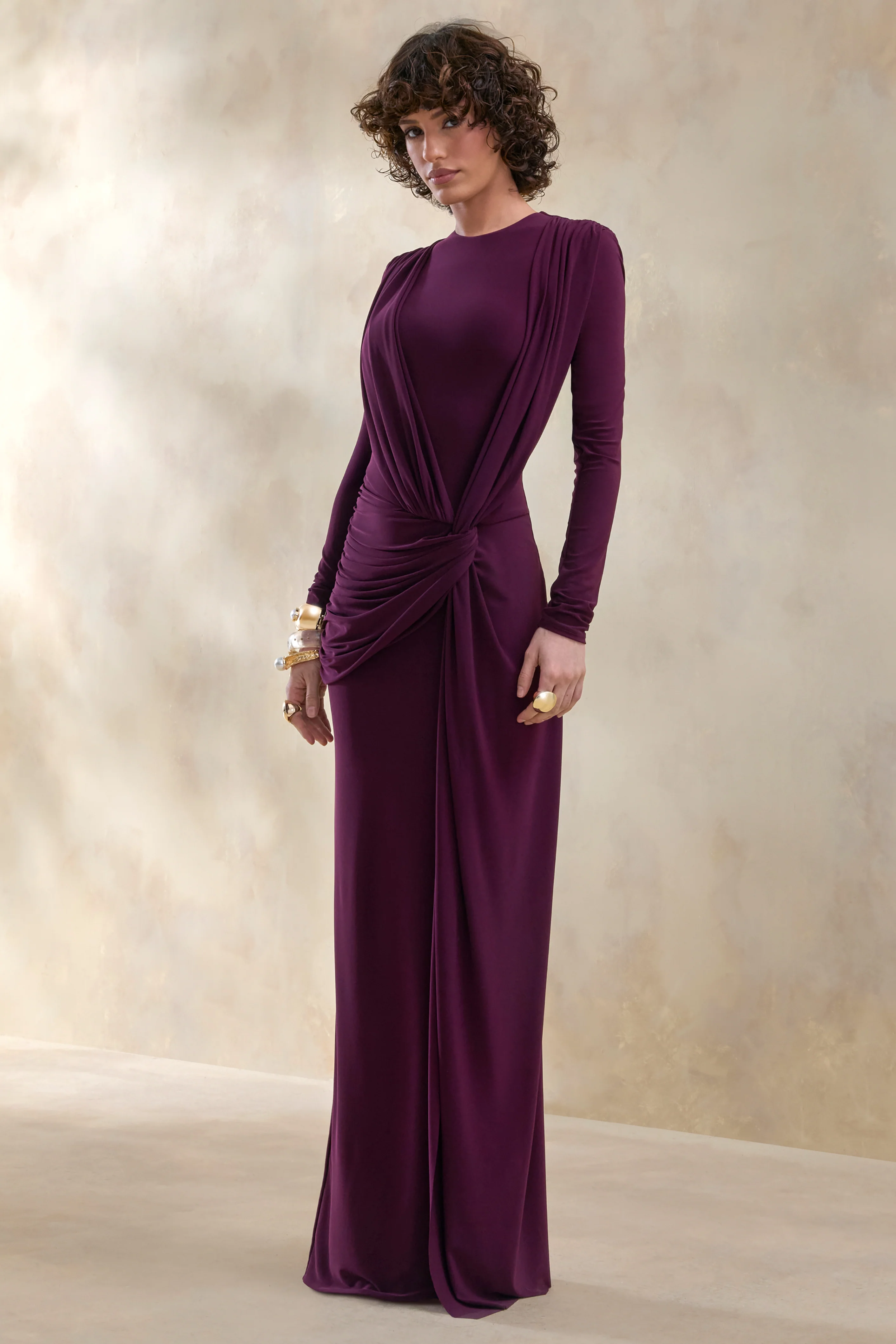 Desirelle | Plum Crew-Neck Maxi Dress With Gathered-Detailing - Image 5