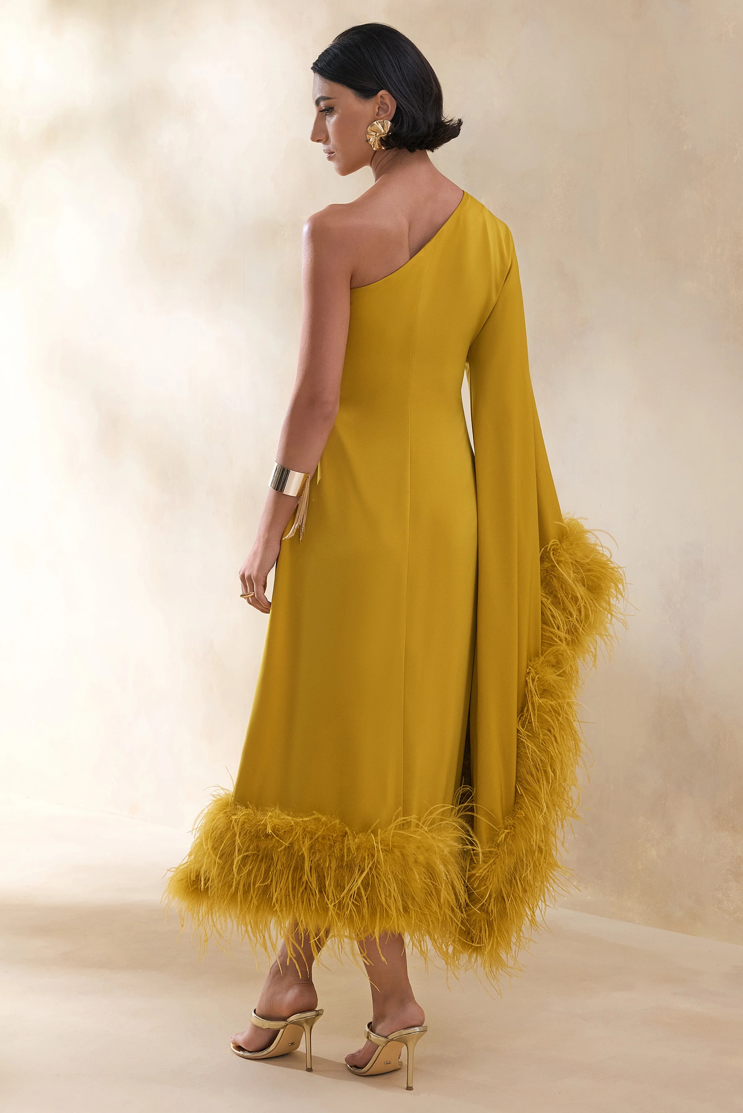 Destiny | Yellow Satin Asymmetric-Neck Midi Dress With Feather Details - Image 2