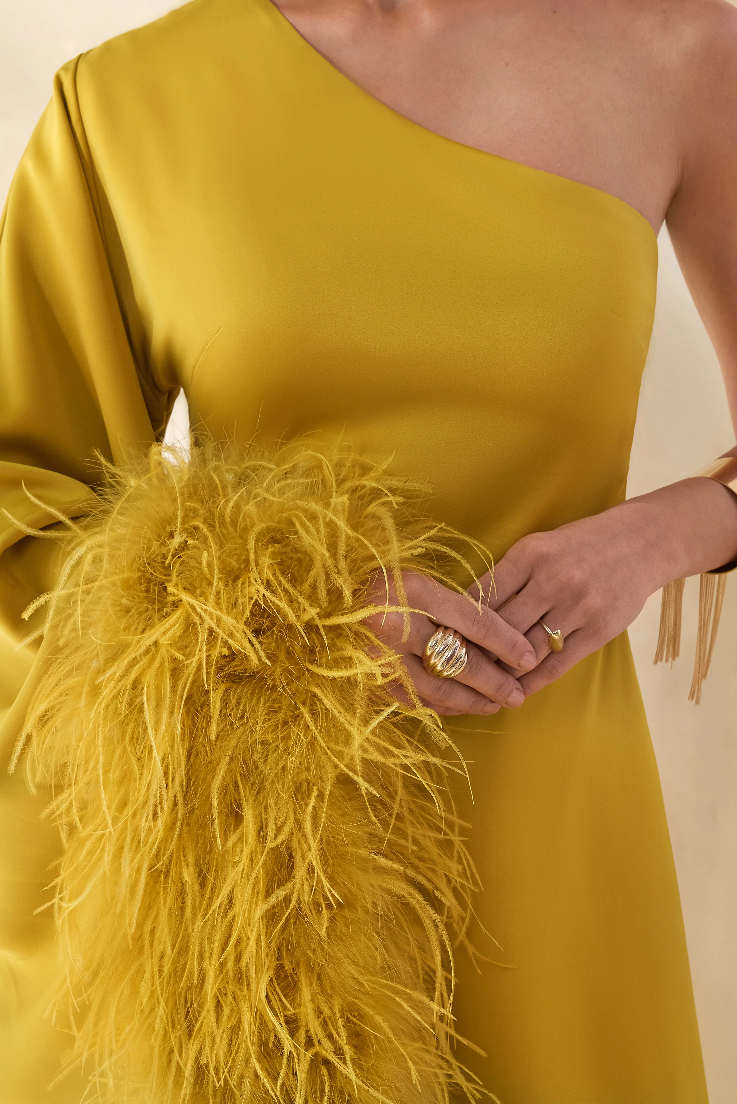 Destiny | Yellow Satin Asymmetric-Neck Midi Dress With Feather Details - Image 3