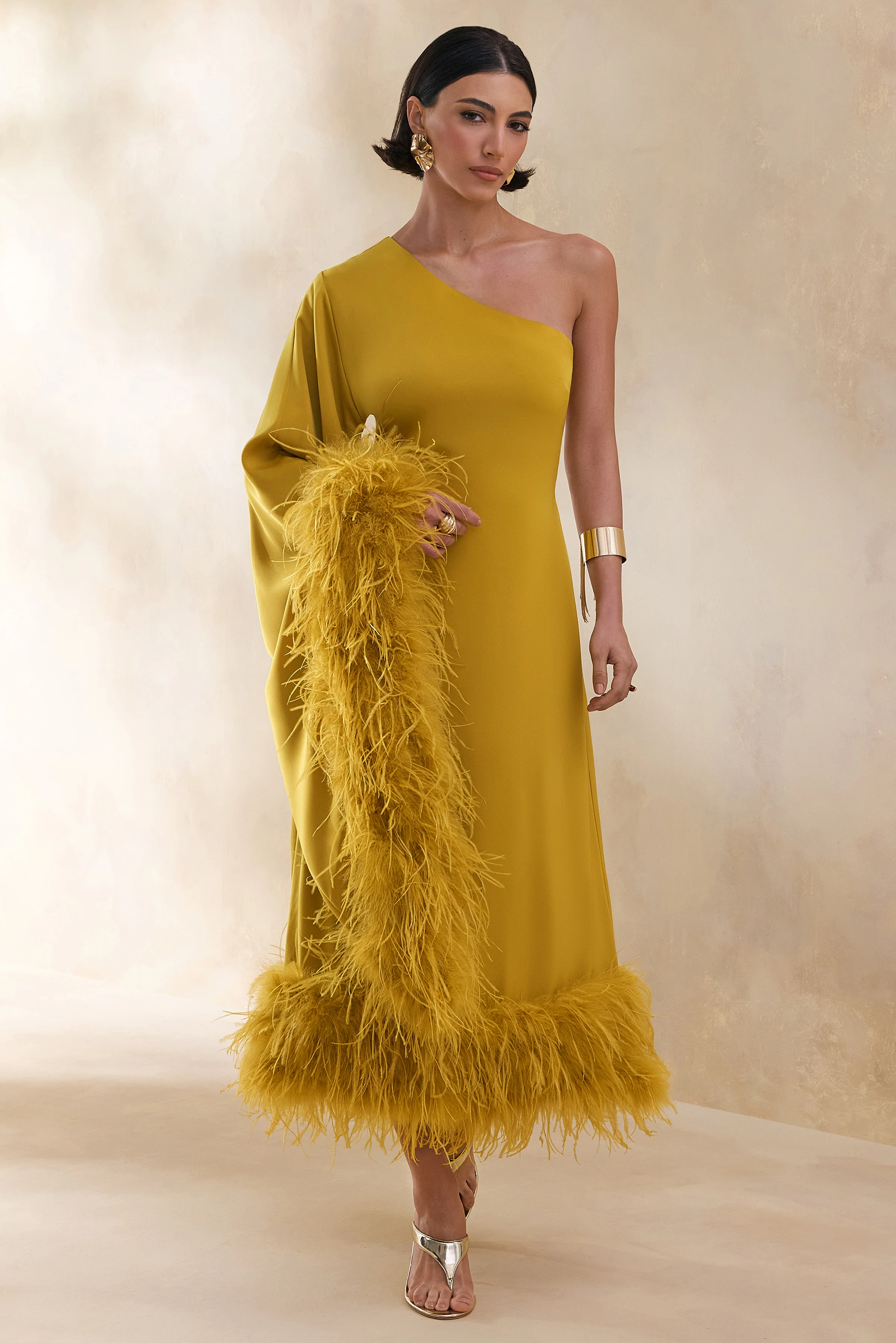 Destiny | Yellow Satin Asymmetric-Neck Midi Dress With Feather Details - Image 4
