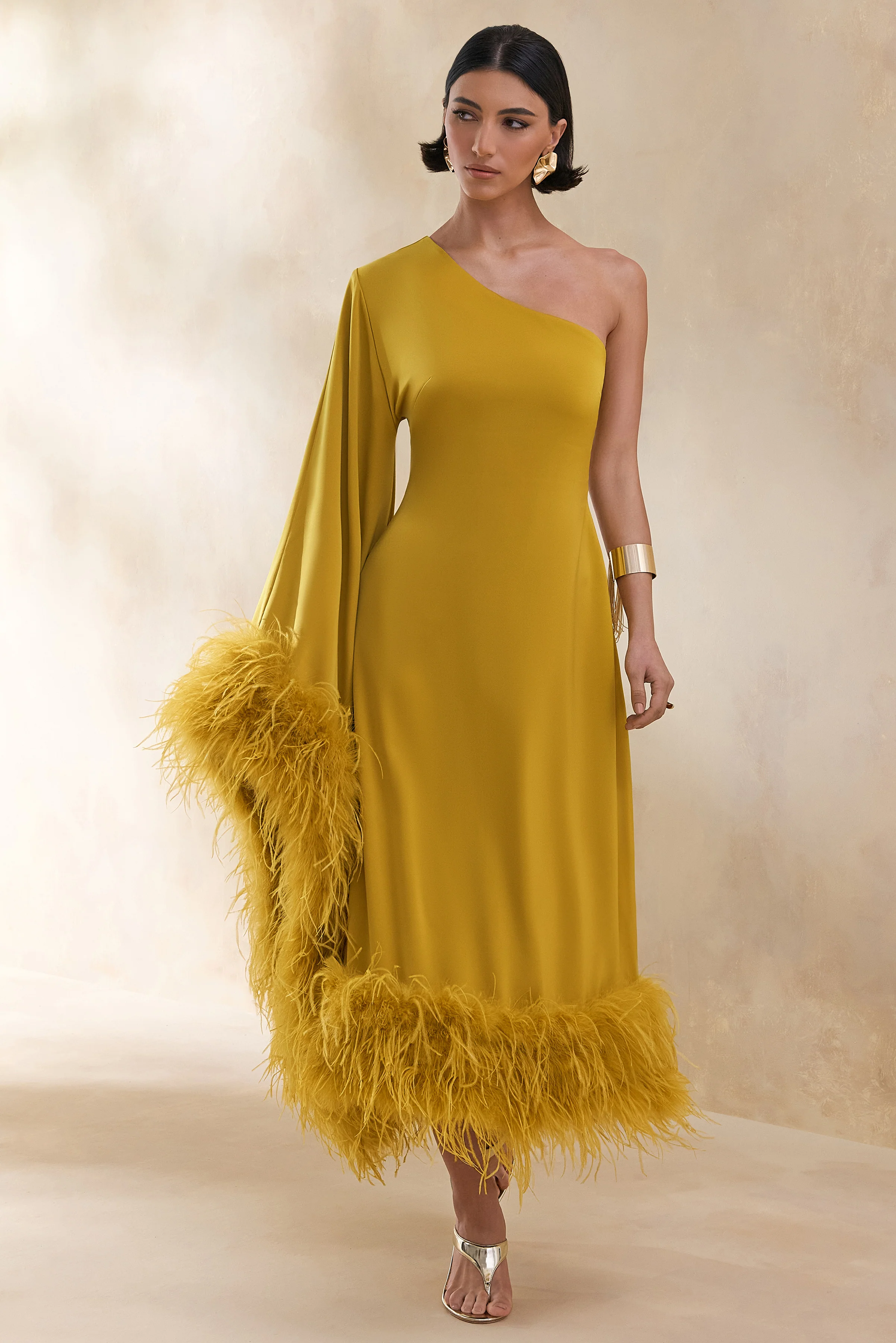 Destiny | Yellow Satin Asymmetric-Neck Midi Dress With Feather Details - Image 5
