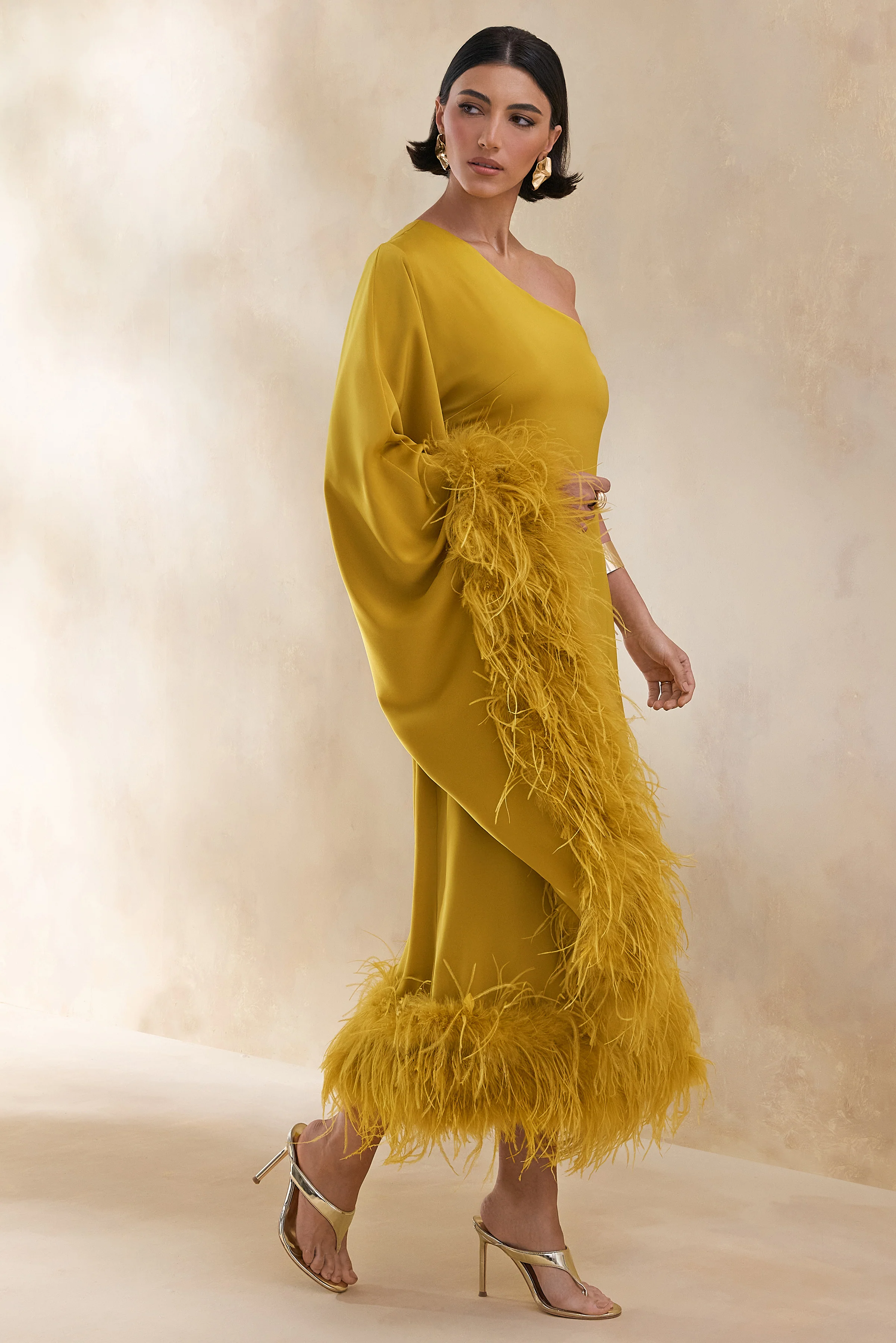 Destiny | Yellow Satin Asymmetric-Neck Midi Dress With Feather Details - Image 6