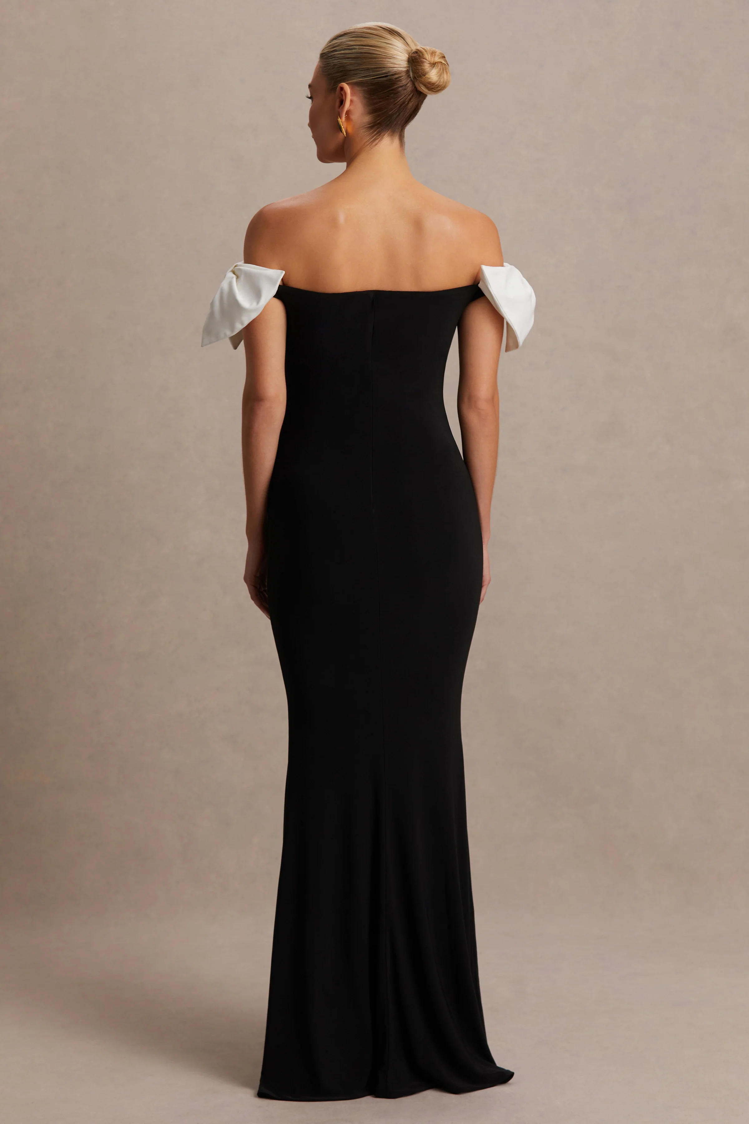 Didi | Black & White Bardot Bow Detail Maternity Maxi Dress - Image 2