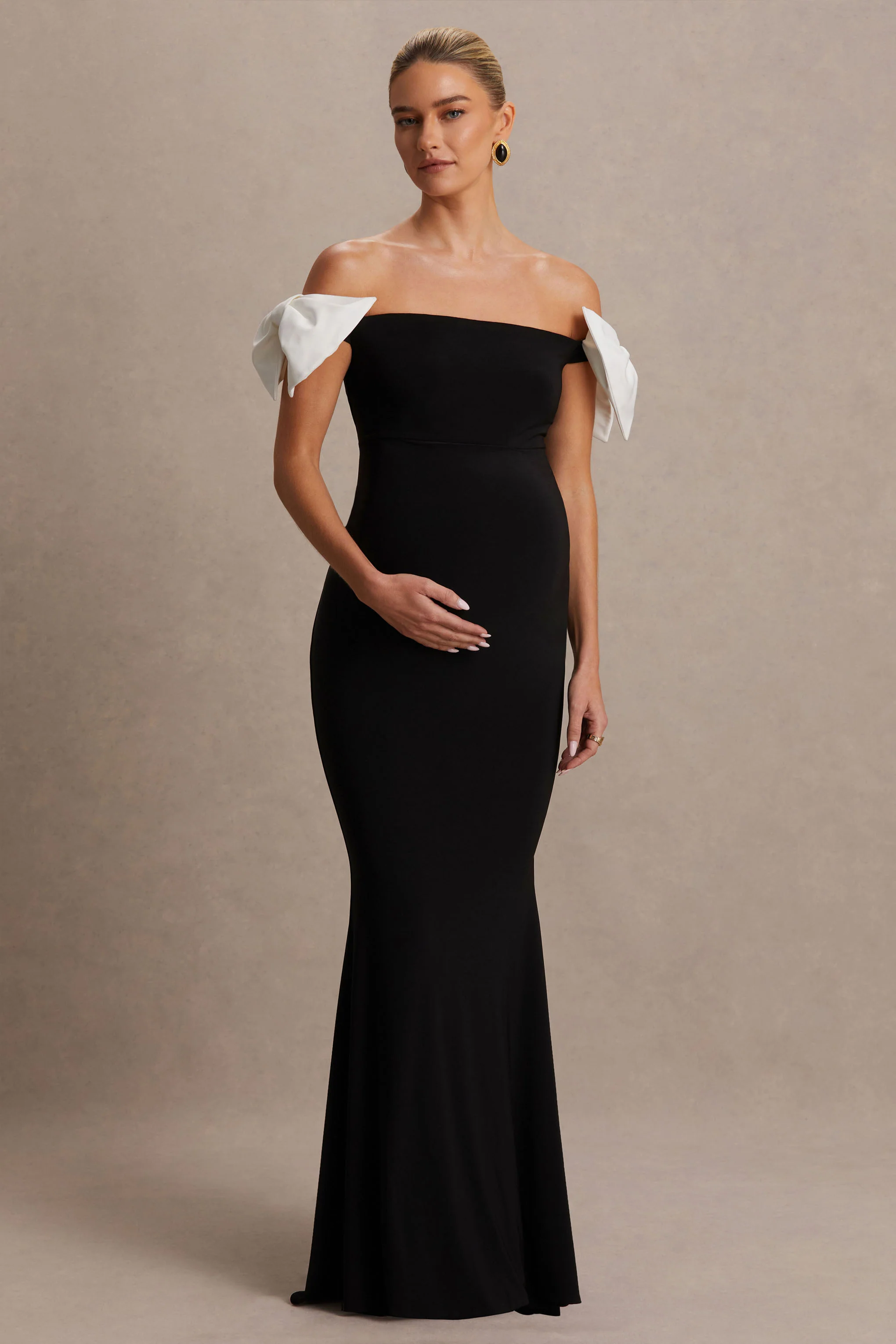 Didi | Black & White Bardot Bow Detail Maternity Maxi Dress - Image 4