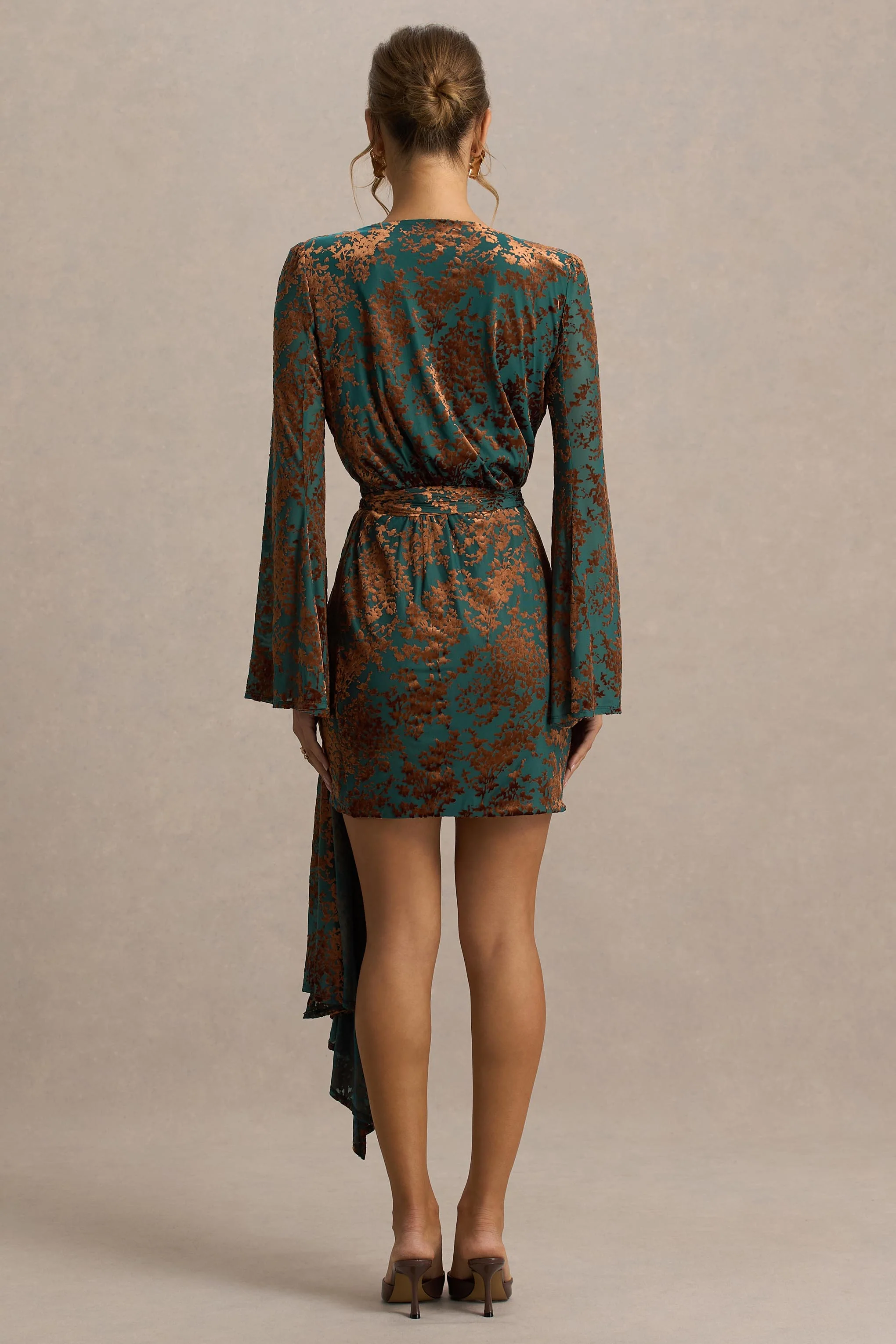 Dimitra | Dark Green And Brown Velvet Devore Plunge-Neck Wrap Mini Dress - Image 2