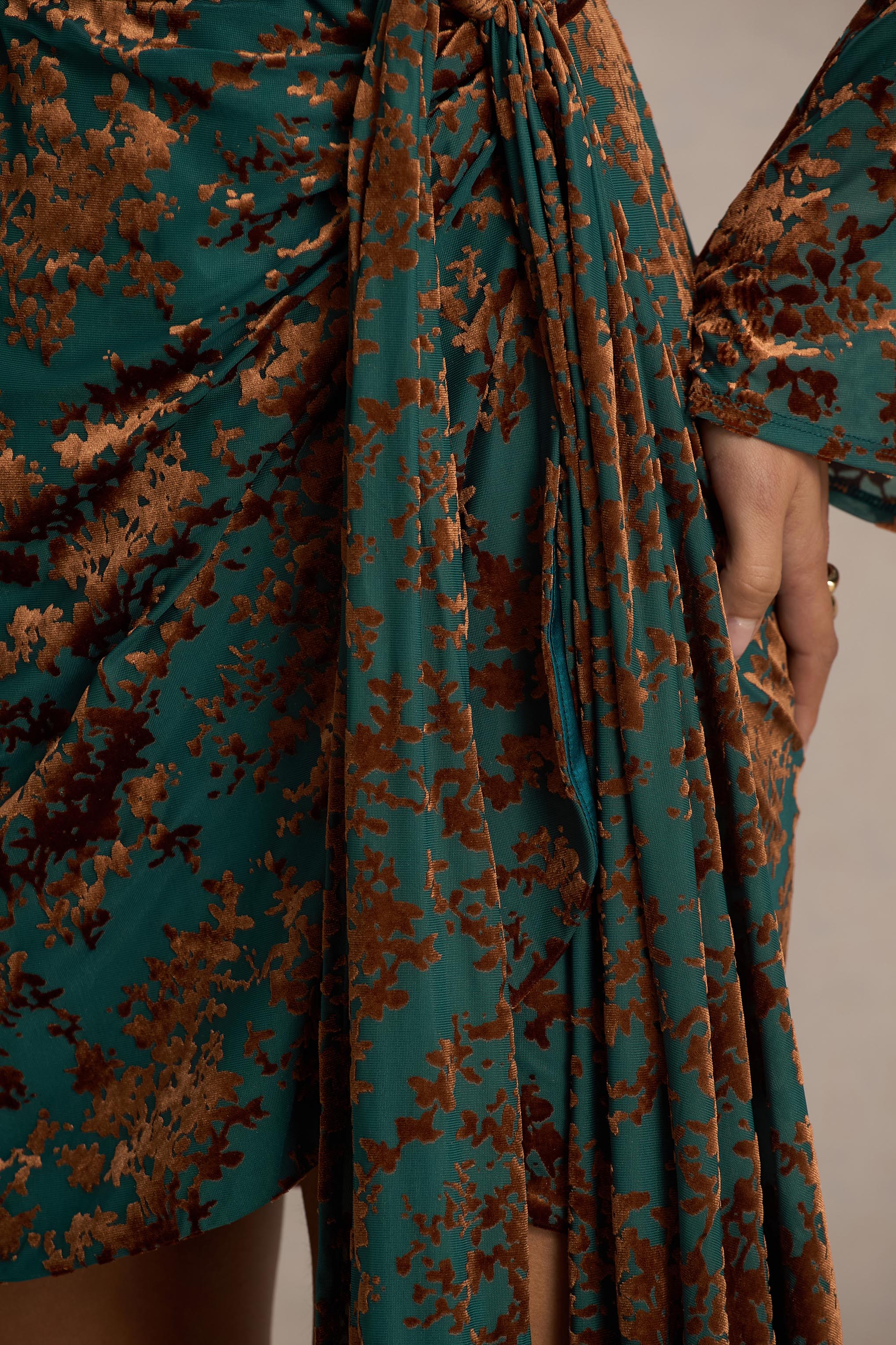 Dimitra | Dark Green And Brown Velvet Devore Plunge-Neck Wrap Mini Dress - Image 4