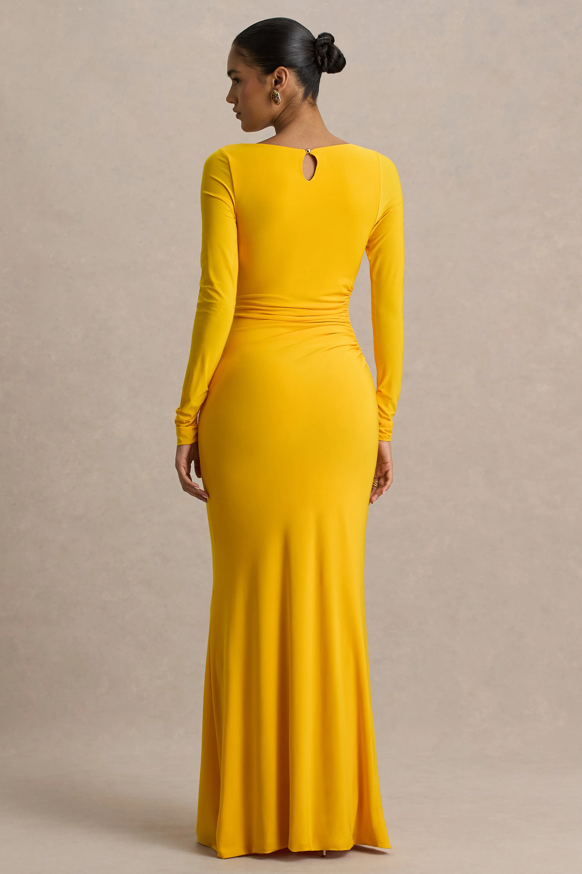 Diva | Yellow Slashed-Neck Maxi Dress With Ruched Detailing - Image 2