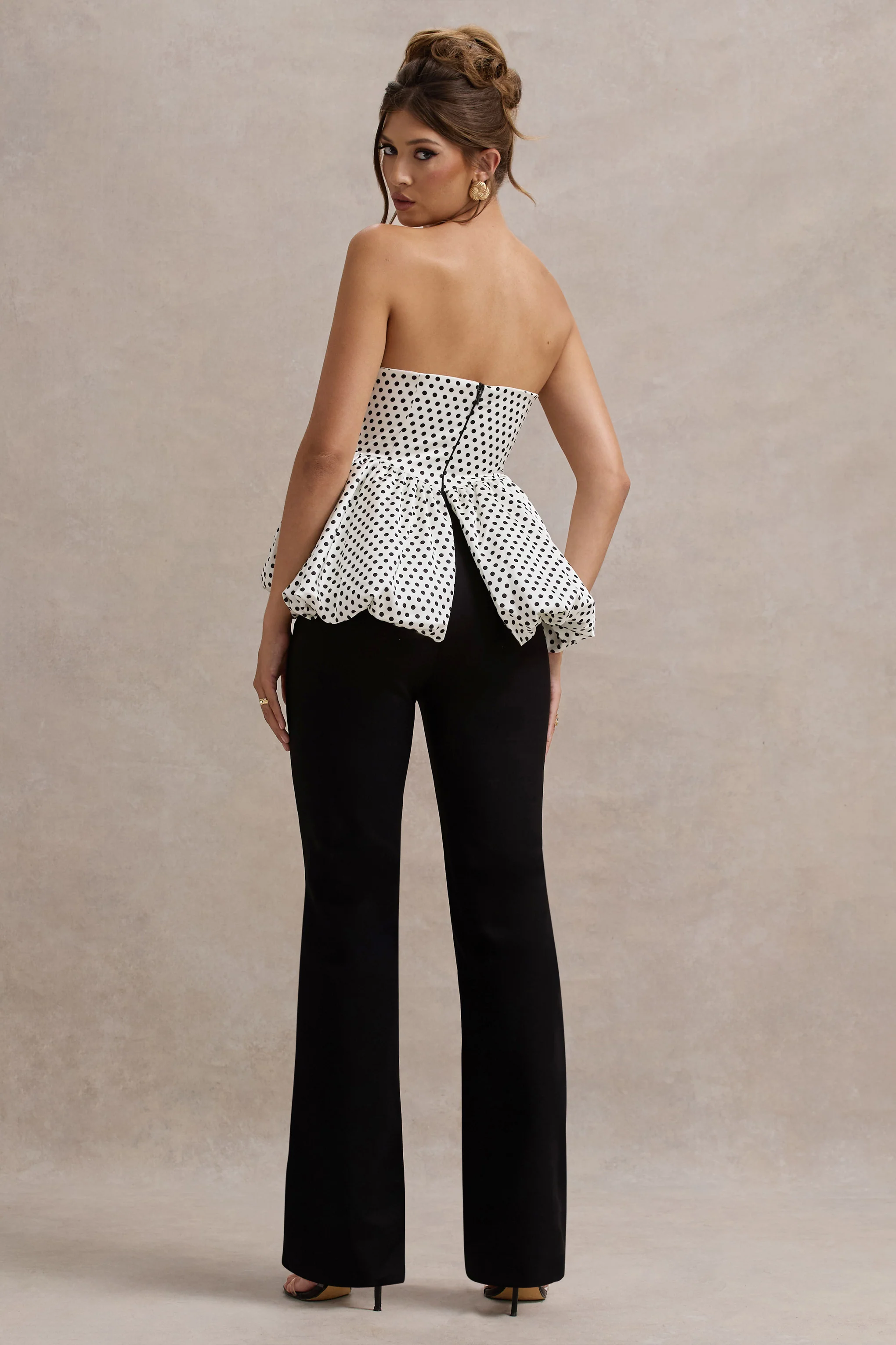 Divina | White & Black Polka Dot Strapless Ruffled Jumpsuit - Image 2