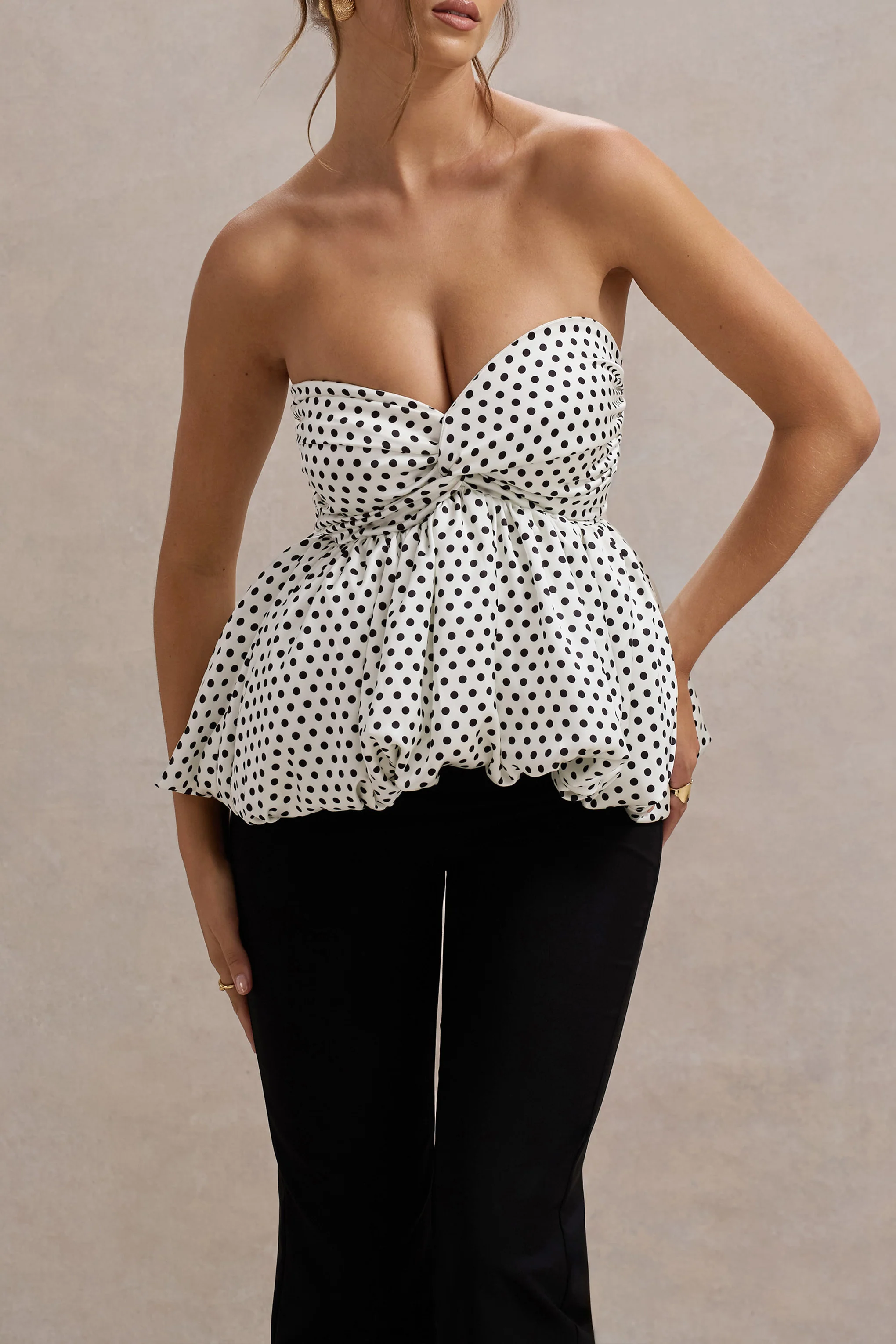 Divina | White & Black Polka Dot Strapless Ruffled Jumpsuit - Image 3