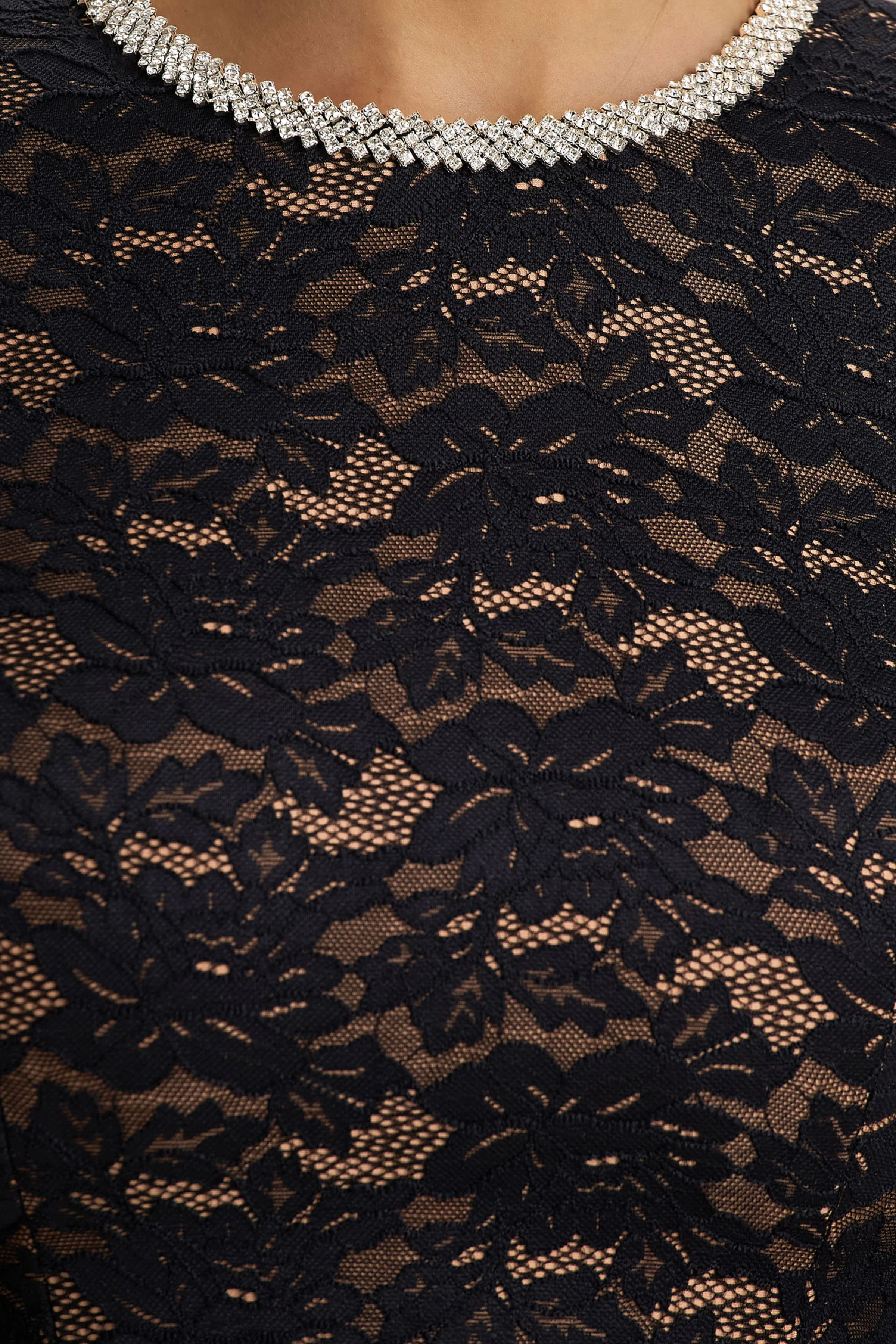 Divine | Black Lace Embellished Crew-Neck Mini Dress - Image 6