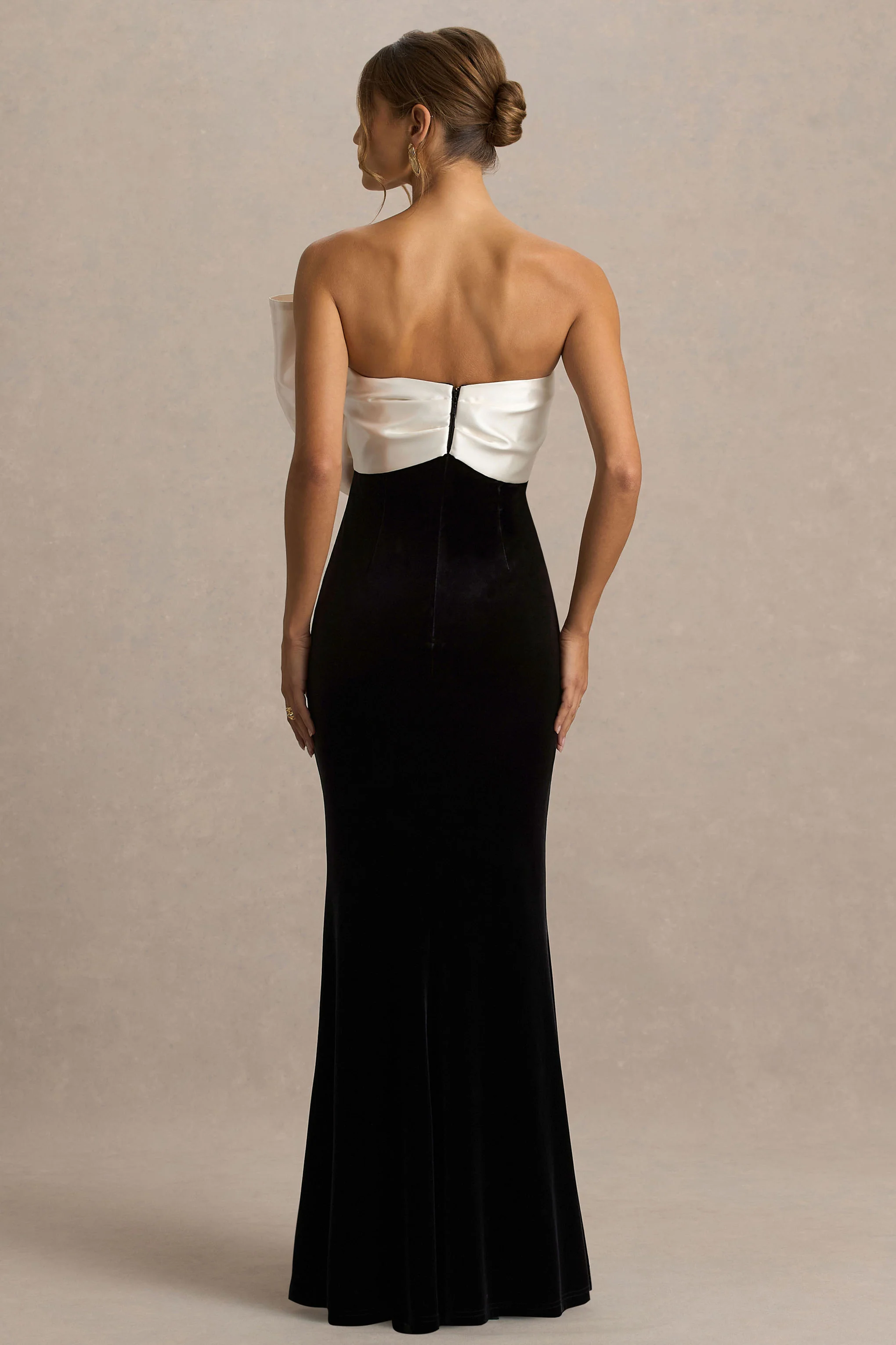 Divulge | Black And White Velvet Asymmetric-Neck Maxi Dress With Bow Detail - Image 2