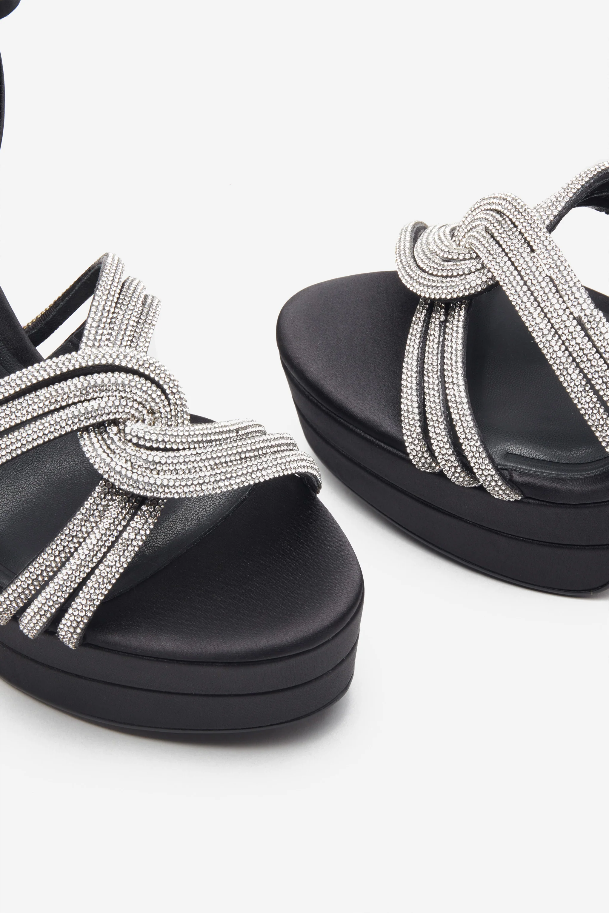 Doll Drama | Black Satin Diamante Strappy Platform Heels - Image 5