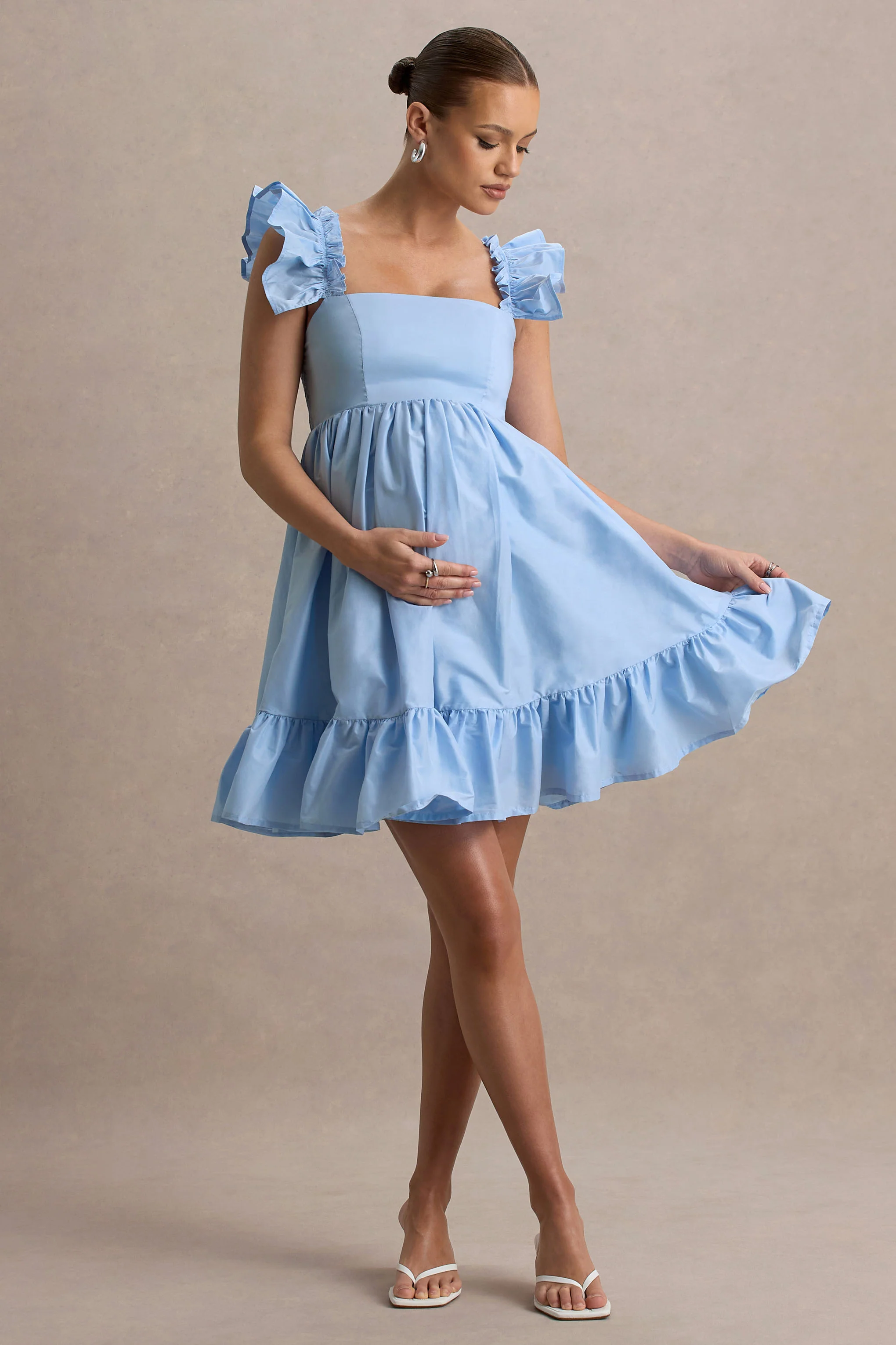 Dolly Daze | Powder Blue Ruffle Sleeve Babydoll Maternity Mini Dress - Image 4