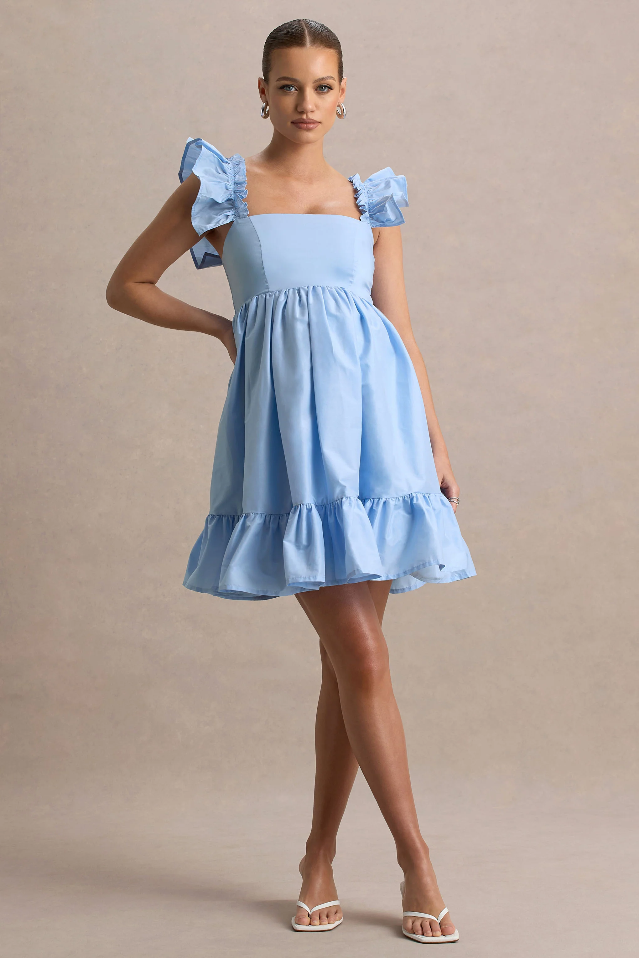 Dolly Daze | Powder Blue Ruffle Sleeve Babydoll Maternity Mini Dress - Image 6