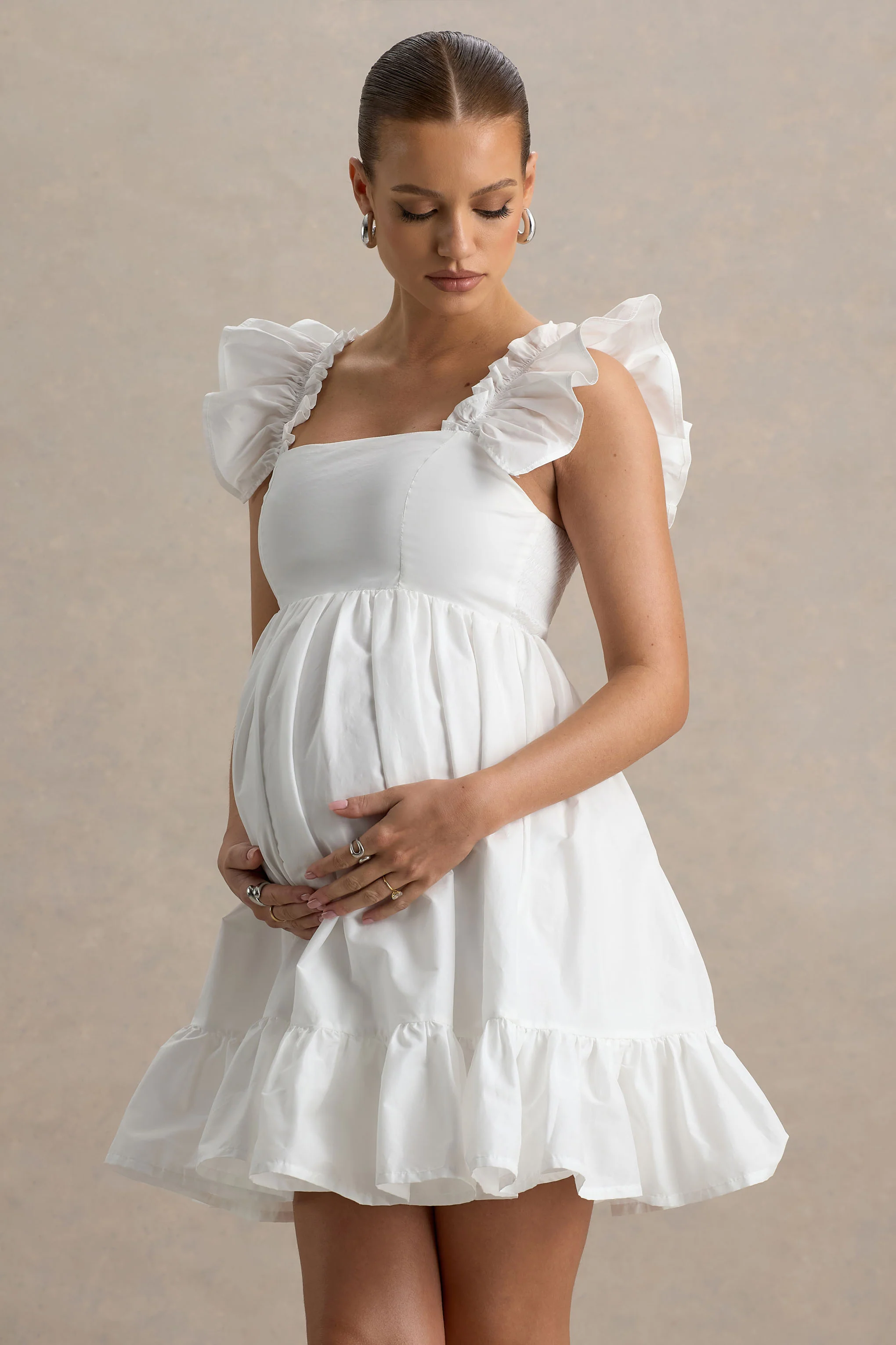 Dolly Daze | White Ruffle Sleeve Babydoll Maternity Mini Dress - Image 3