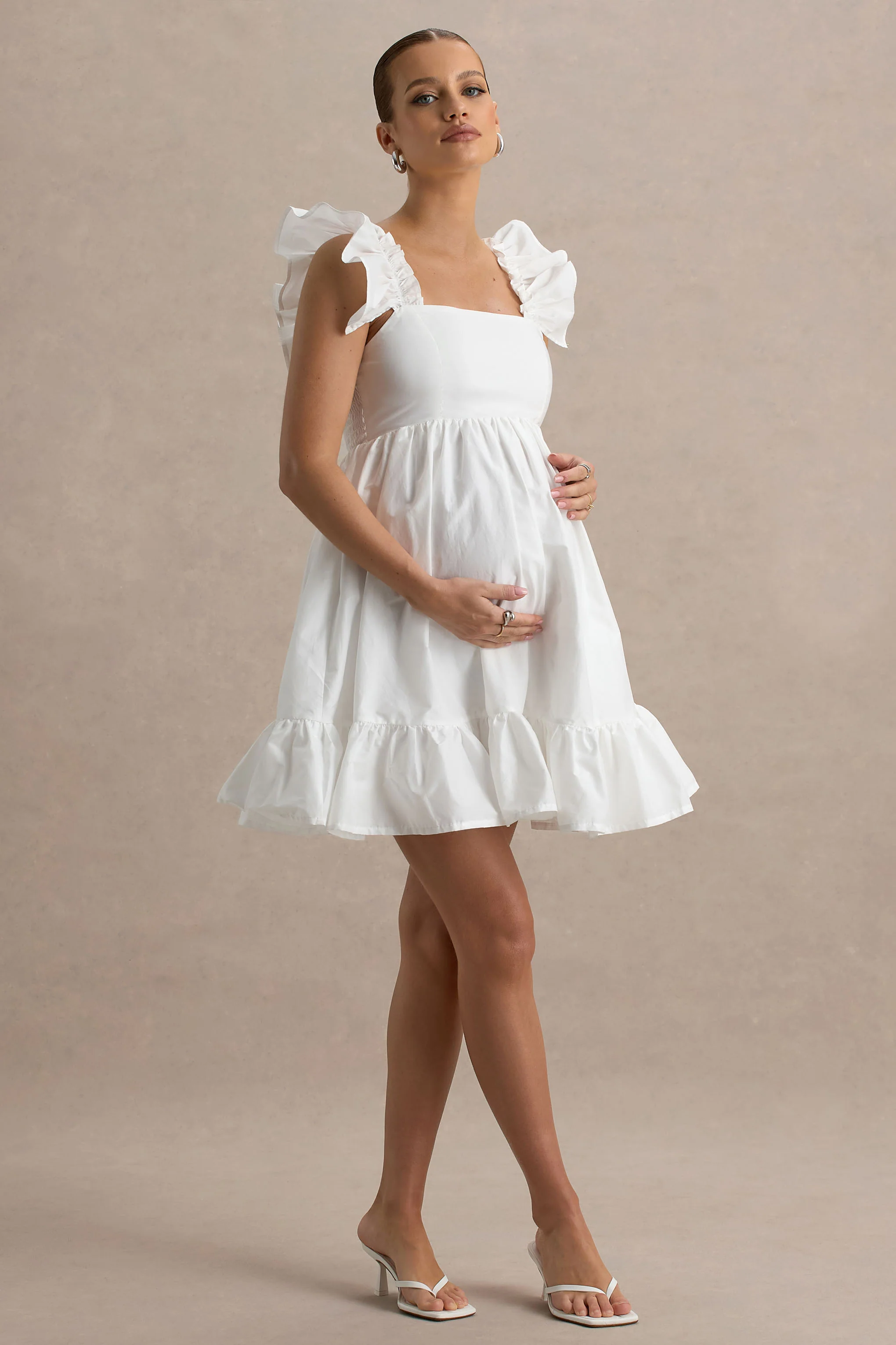 Dolly Daze | White Ruffle Sleeve Babydoll Maternity Mini Dress - Image 4
