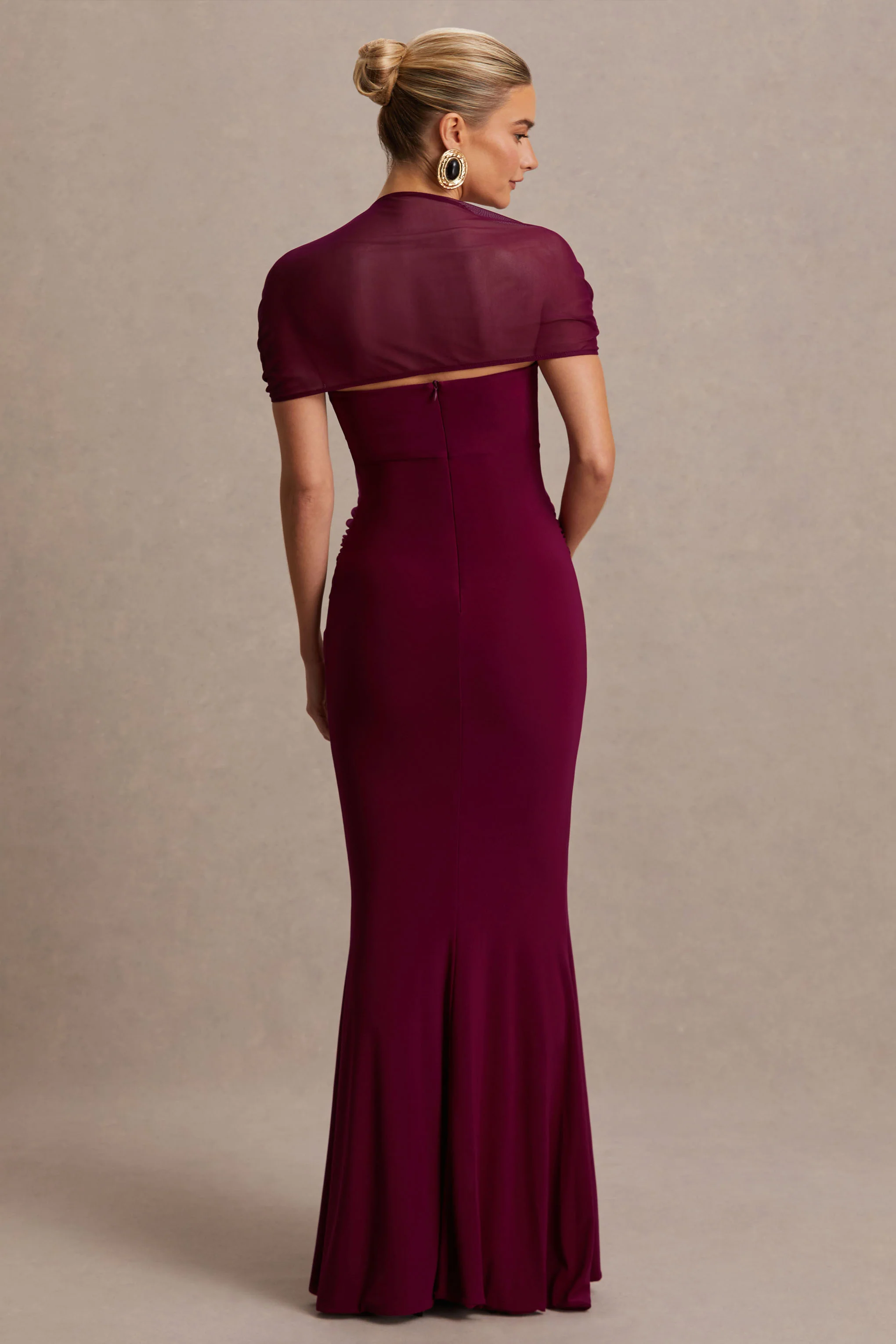 Dome | Burgundy Square-Neck Mesh-Sleeve Maternity Maxi Dress - Image 2