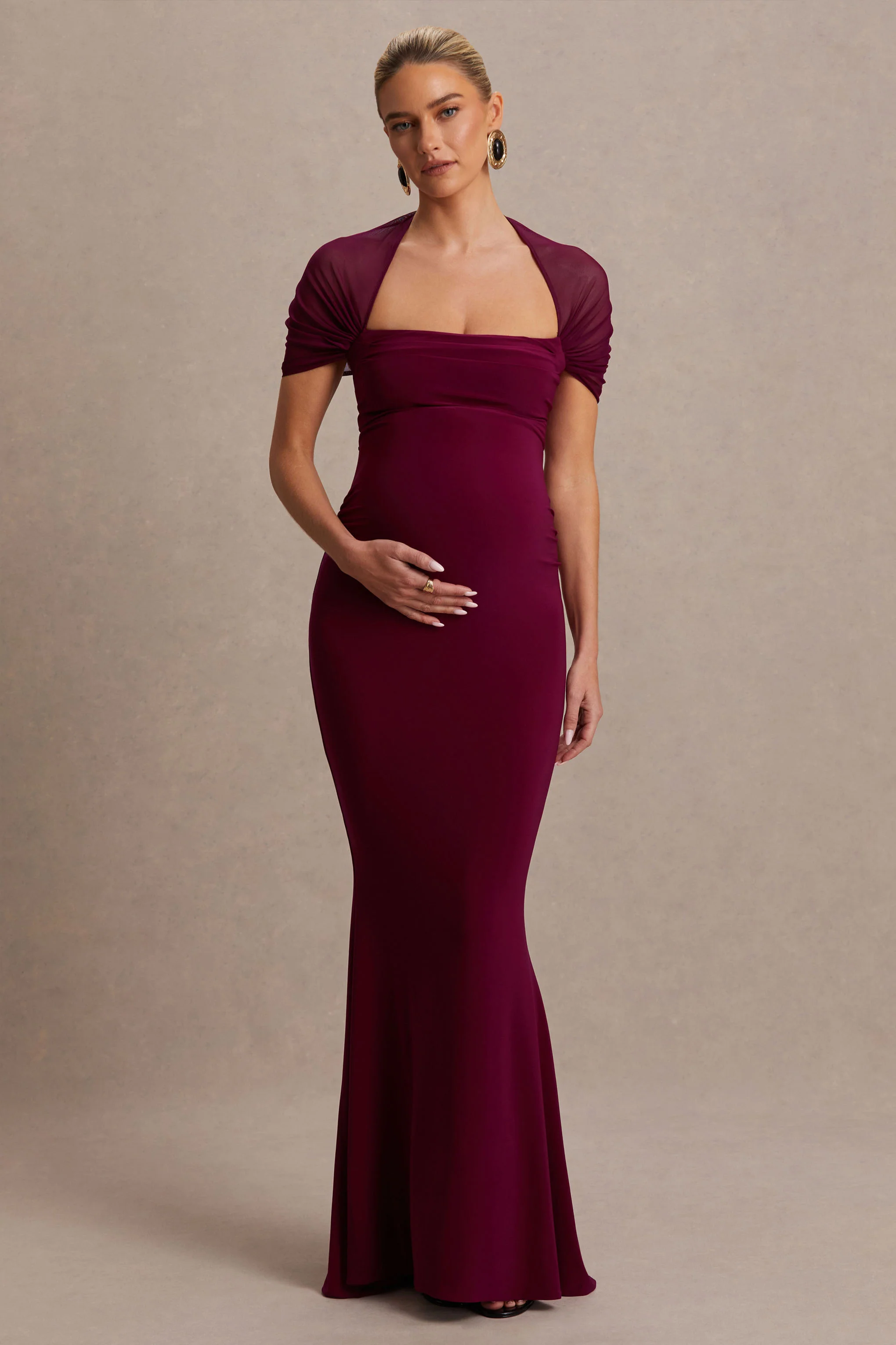 Dome | Burgundy Square-Neck Mesh-Sleeve Maternity Maxi Dress - Image 5
