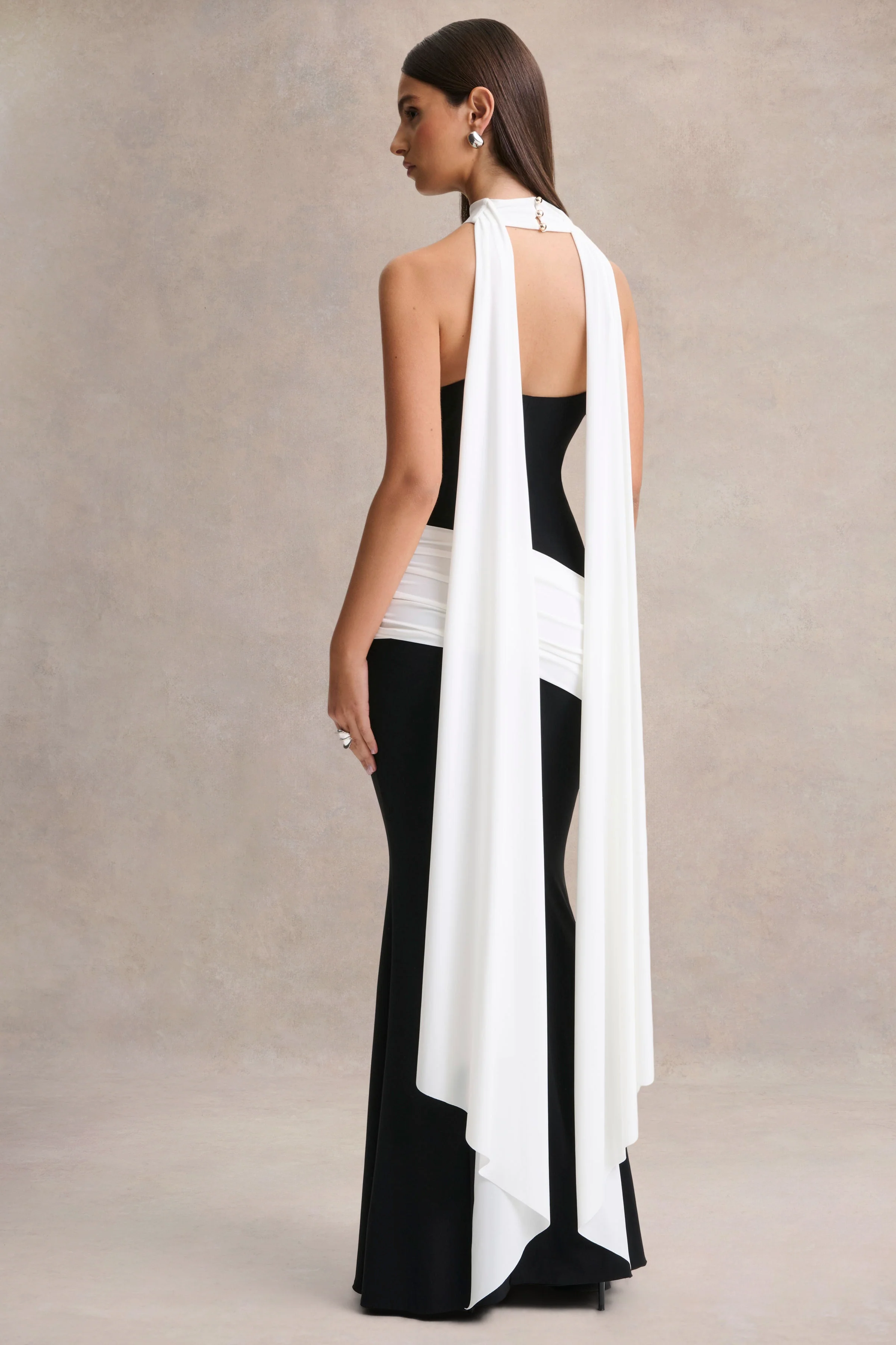 Dorinda | Black And White High-Neck Maxi Dress With Drape And Scarf-Detail - Image 2
