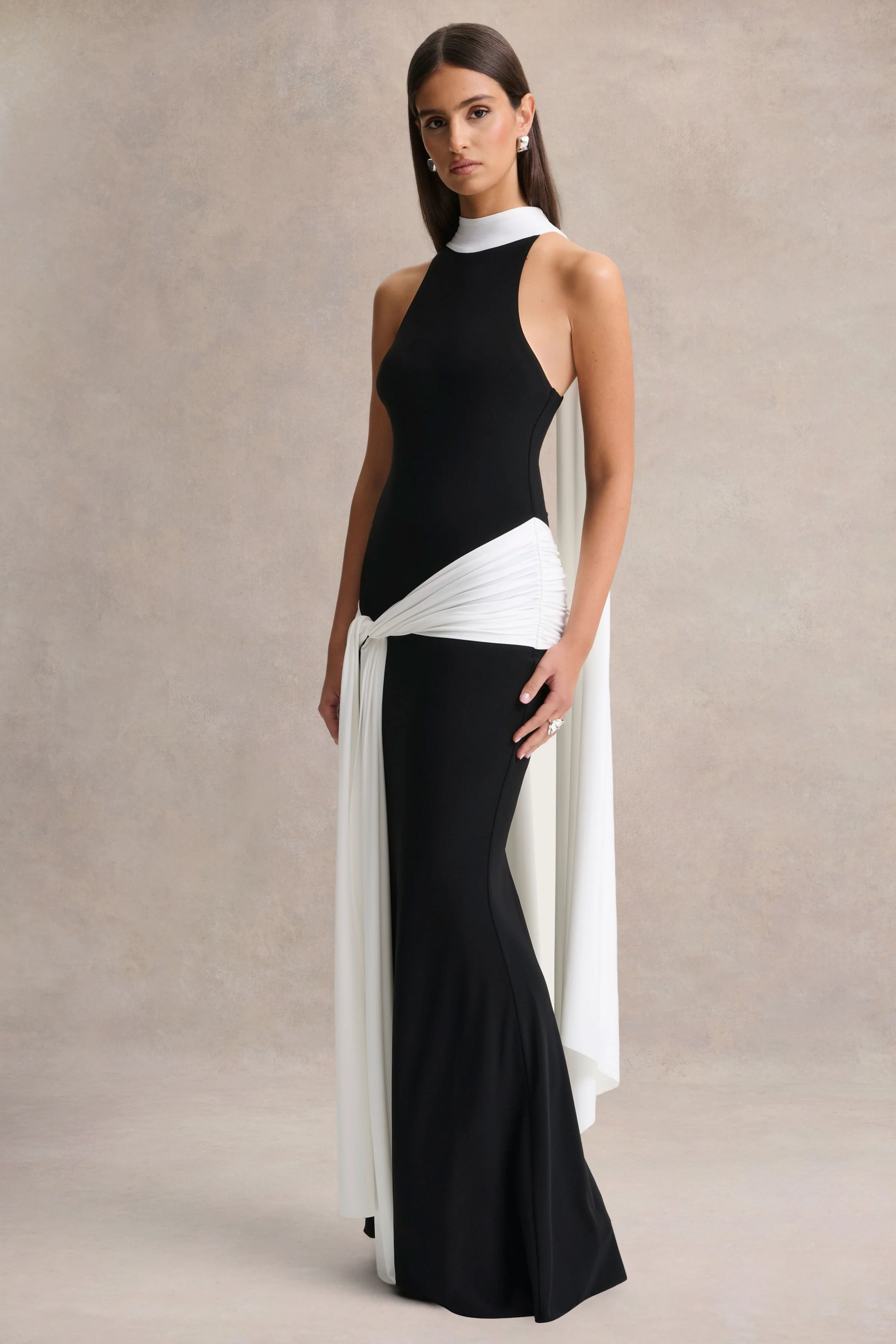 Dorinda | Black And White High-Neck Maxi Dress With Drape And Scarf-Detail - Image 4