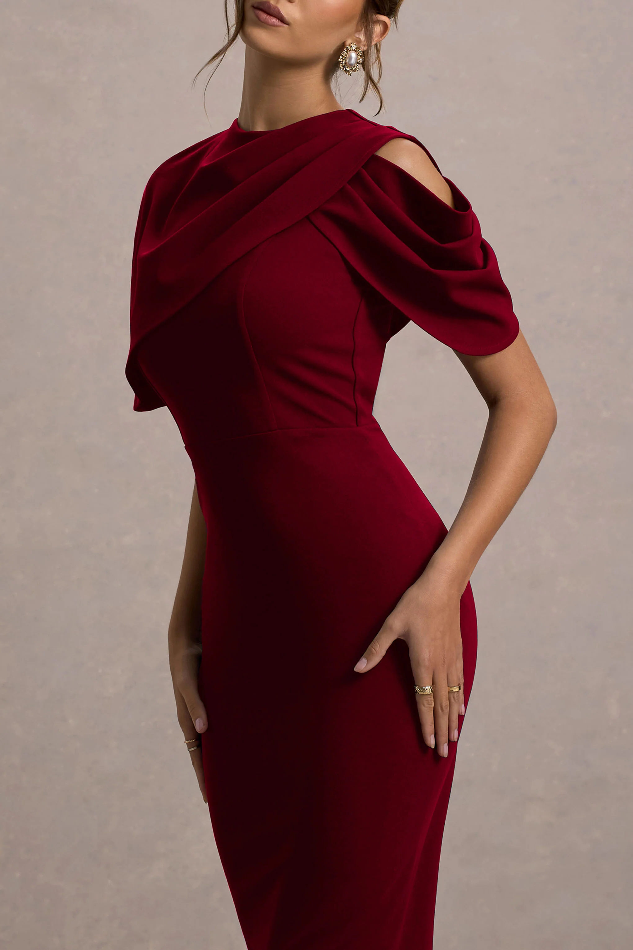 Dorothea | Berry Draped Midi Dress With Cape - Image 3