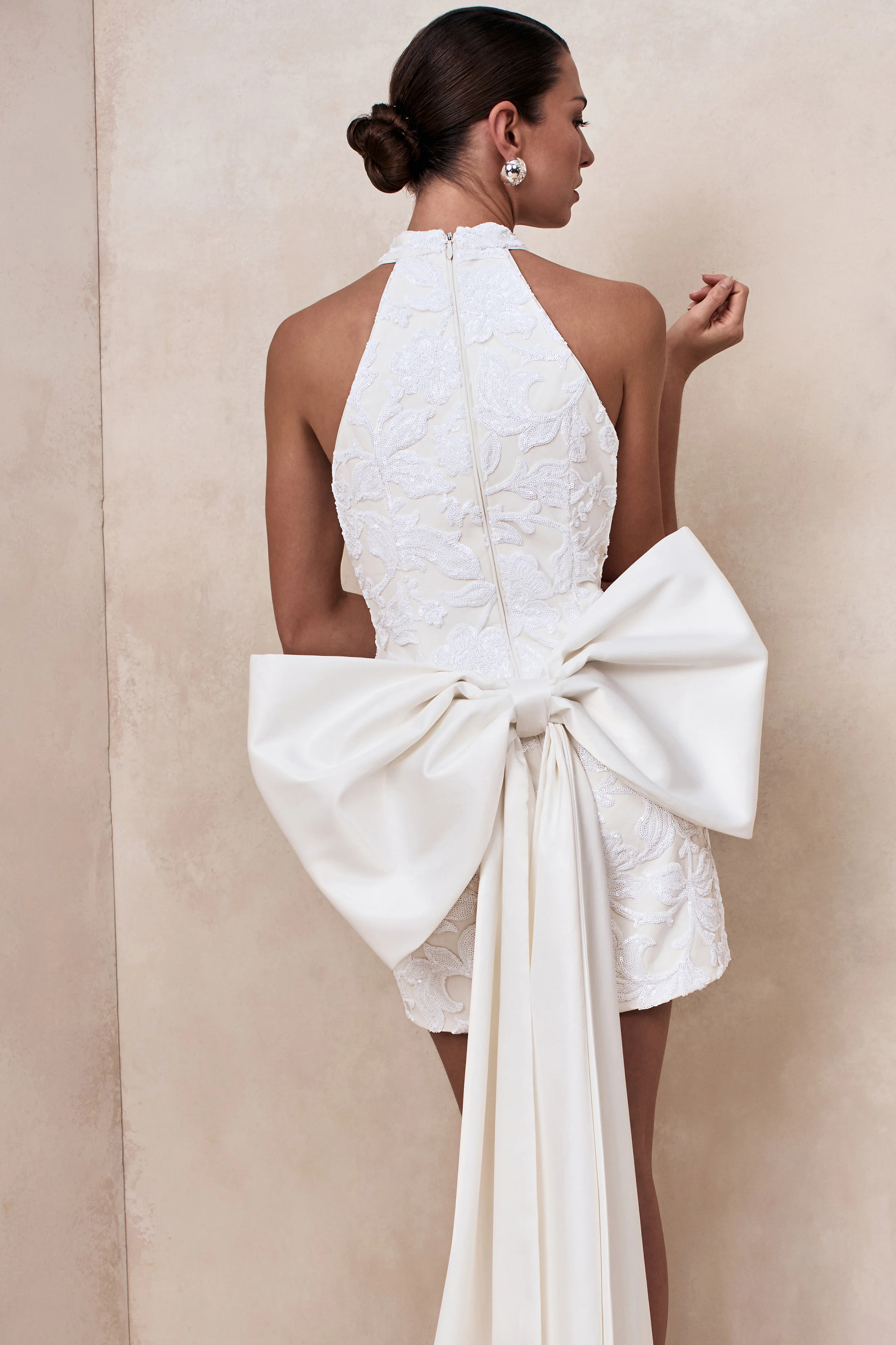 Dreamer | White Lace Halter-Neck Mini Dress With Oversized Bow Detail - Image 4